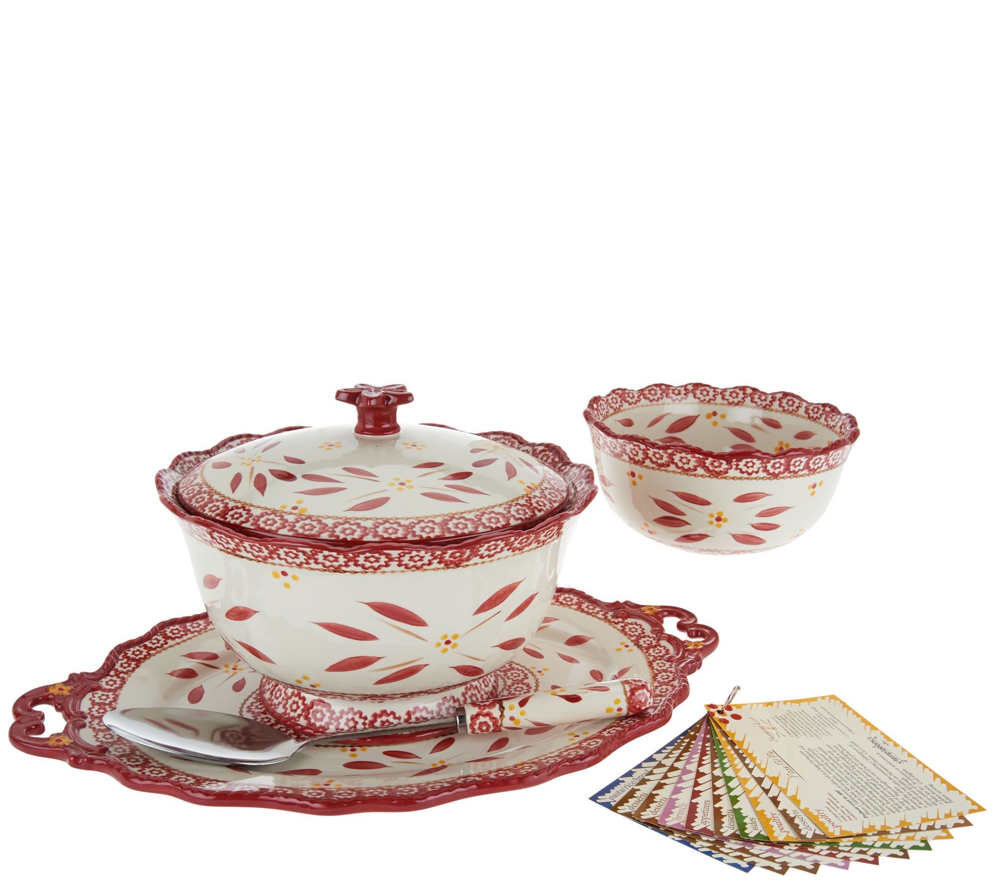 Temp-tations Ovenware 12-Inch Covered Cake Plate with Dome Lid, Serving Utensils & Dip Bowl - Reversible Appetizer Tray - Old World Tangerine - Perfect for Baking, Serving Desserts & Entertaining Guests