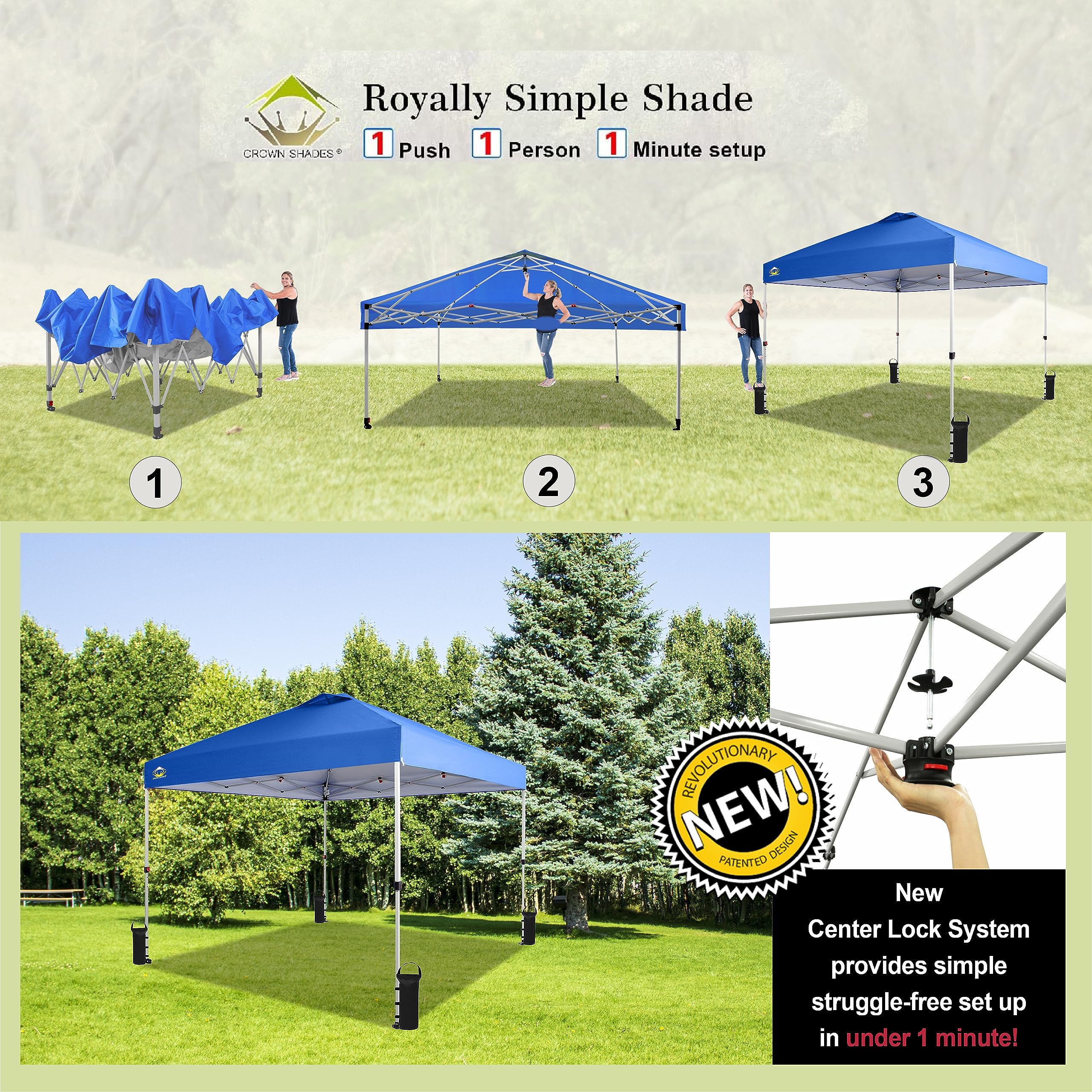 CROWN SHADES 10x10 Pop Up Canopy Tent - Instant Setup Beach Sun Shelter with Carry Bag - Portable Outdoor Shade for Camping, Backyard Parties, Picnics & Tailgating - Silver Coated UV Protection & Blue Frame Gazebo