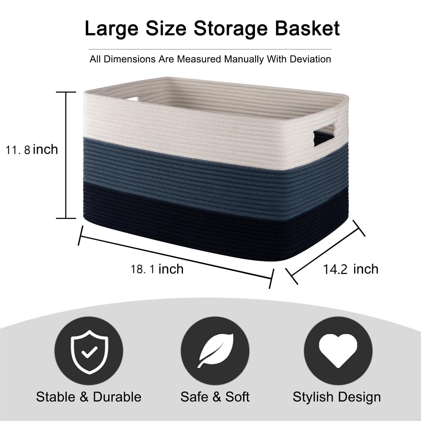 OIAHOMY Cotton Rope Storage Basket - 18”x14”x12” Rectangle Woven Organizer with Handles for Nursery, Living Room, Toys & Blankets - Gradient Blue Home Decor for Stylish Organization