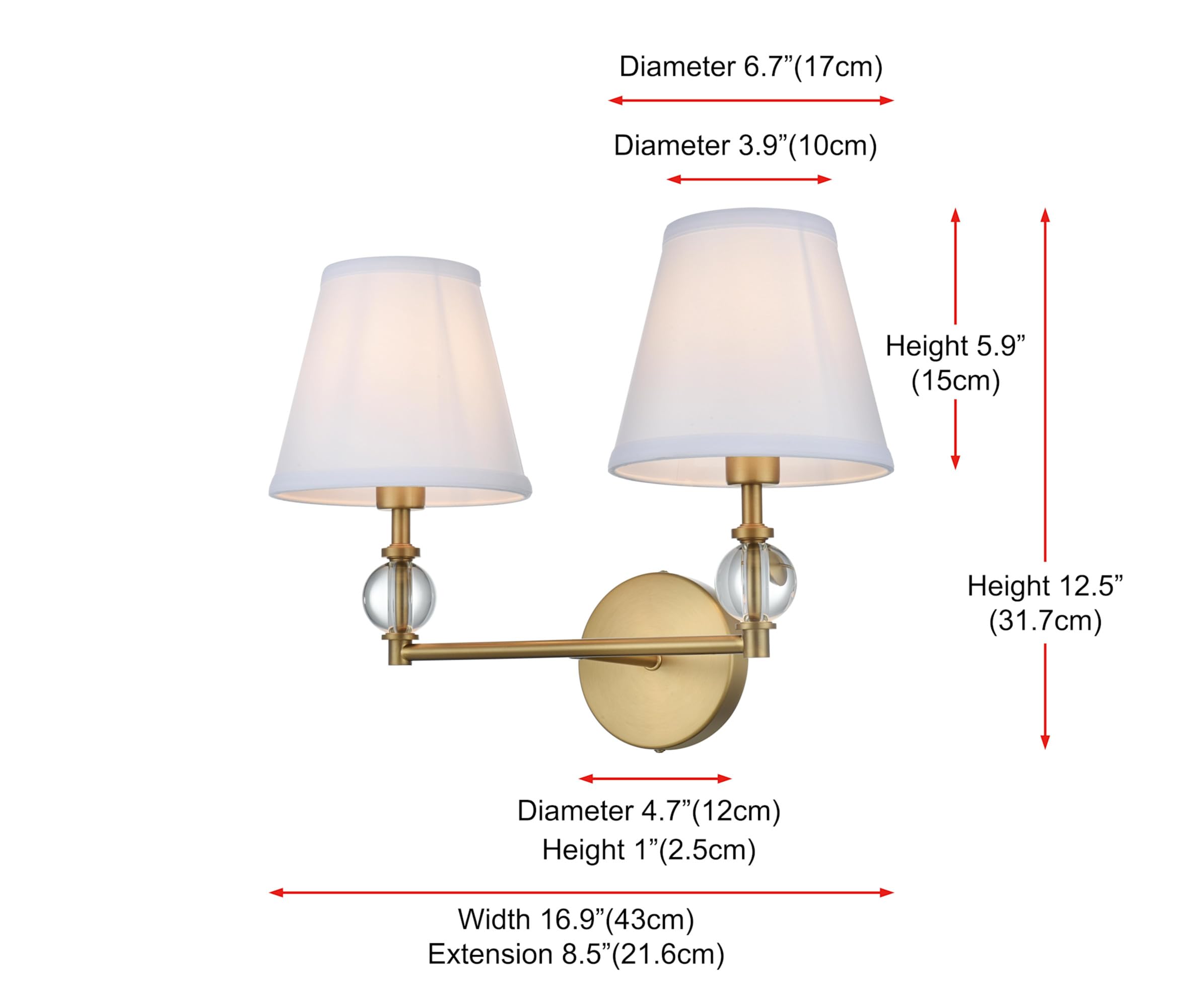 Living District Bethany 2-Light Brass Bathroom Wall Sconce with White Fabric Shade - Perfect for Bathroom Vanity, Powder Room, and Bedroom Lighting