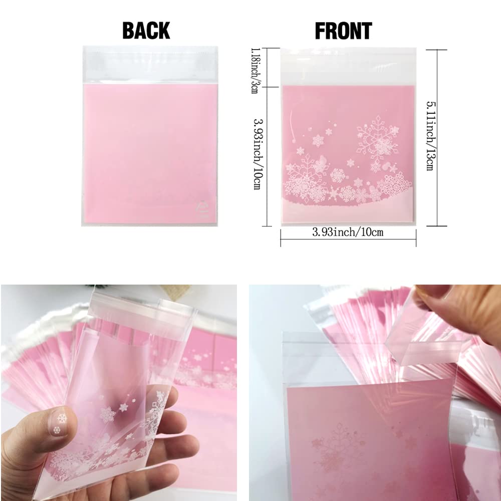 FAZHBARY 100 Pack Clear Self-Sealing Pink Snowflake Cellophane Bags - Christmas Candy Cookie Bakery Treat Bags for Holiday Parties, Gift Wrapping & Dessert Packaging
