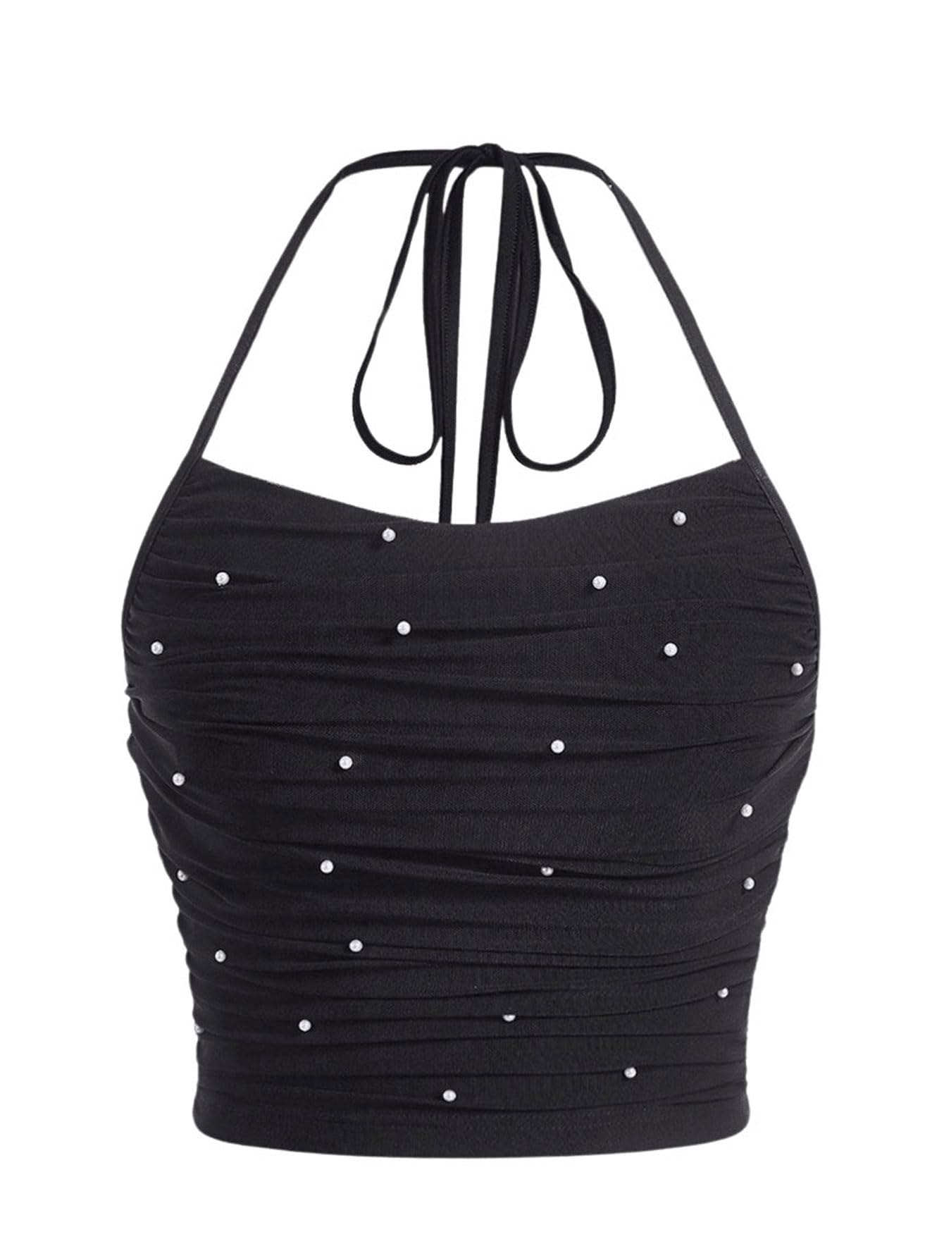 Stylish Women's Pearl Beaded Ruched Halter Neck Tie Back Cropped Summer Shirt - Casual Camisole Tank Tops for Beach, Party & Vacation Outfits