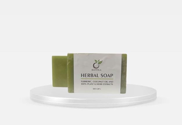 Dattila's Organic Turmeric & Coconut Oil Herbal Soap | Natural Moisturizing Bar for Blemish & Acne Prone Skin | 100% Vegetarian, Chemical-Free | 100g | Perfect for Sensitive Skin & Daily Cleansing Routine