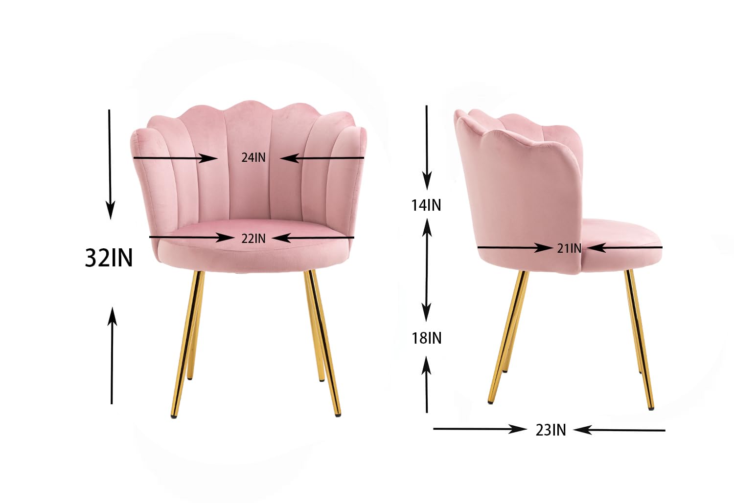 Modern Velvet Upholstered Vanity Chair with Golden Metal Legs & Petal Back - Comfy Armchair for Bedroom, Dining, Desk - Perfect for Women, Girls & Kids (Bright Pink) - Ideal for Makeup Vanity, Dressing Room, Home Office & Study
