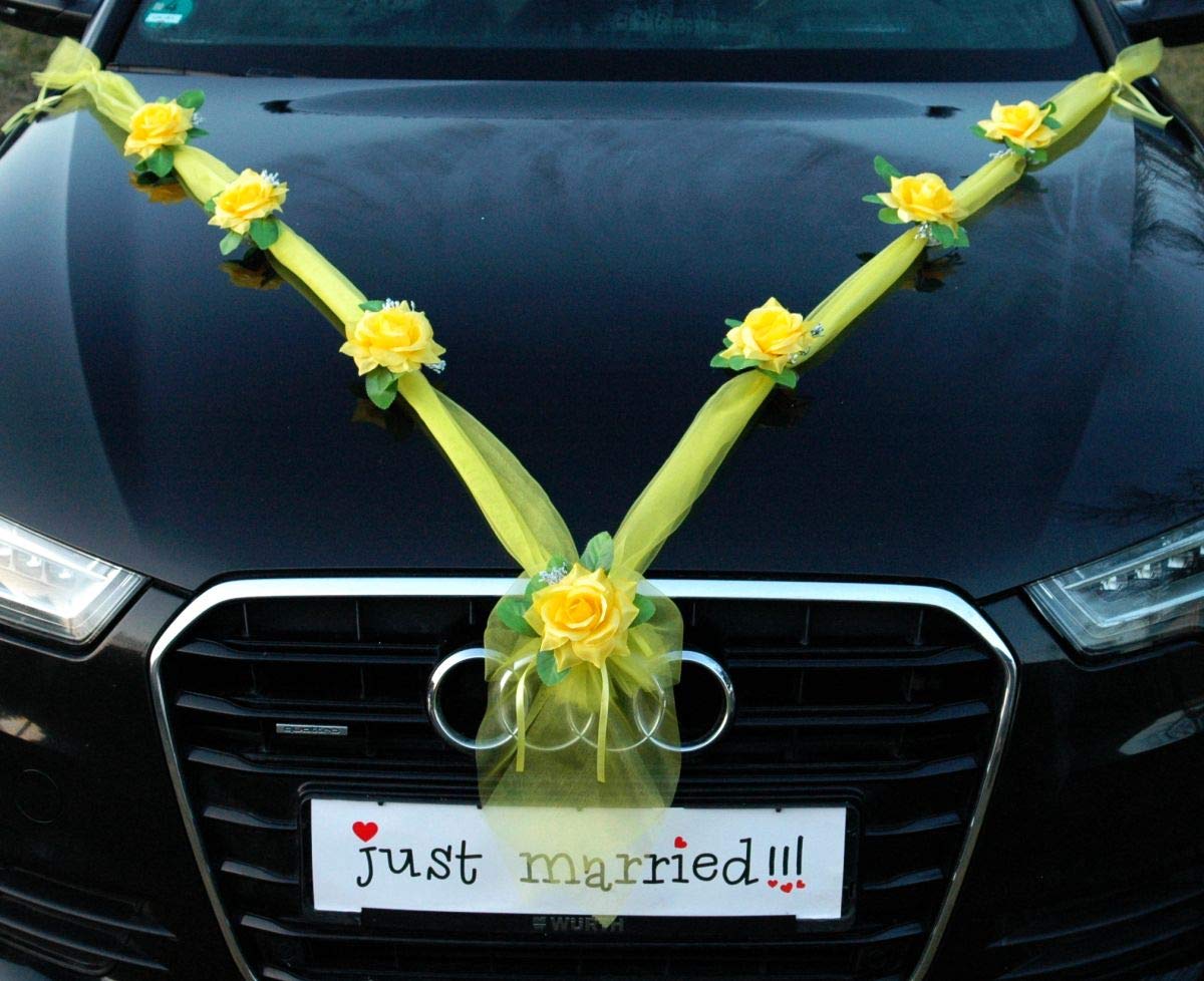 Elegant Yellow Organza Rose Garland - Wedding Car Decor for Bridal Couples | Vintage Car Jewelry & Vehicle Decoration | Perfect for Wedding Day, Anniversary & Special Events