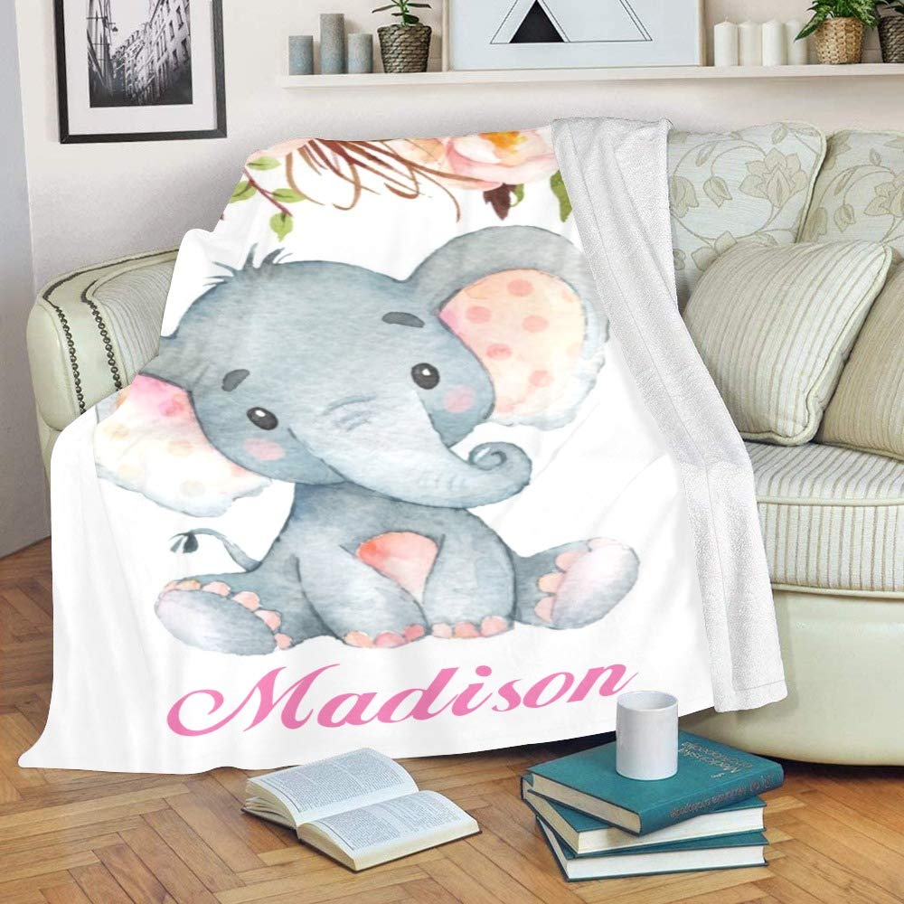 Personalized Kids Fleece Blanket with Name - Custom Elephant Floral Design Baby Throw Blanket 30