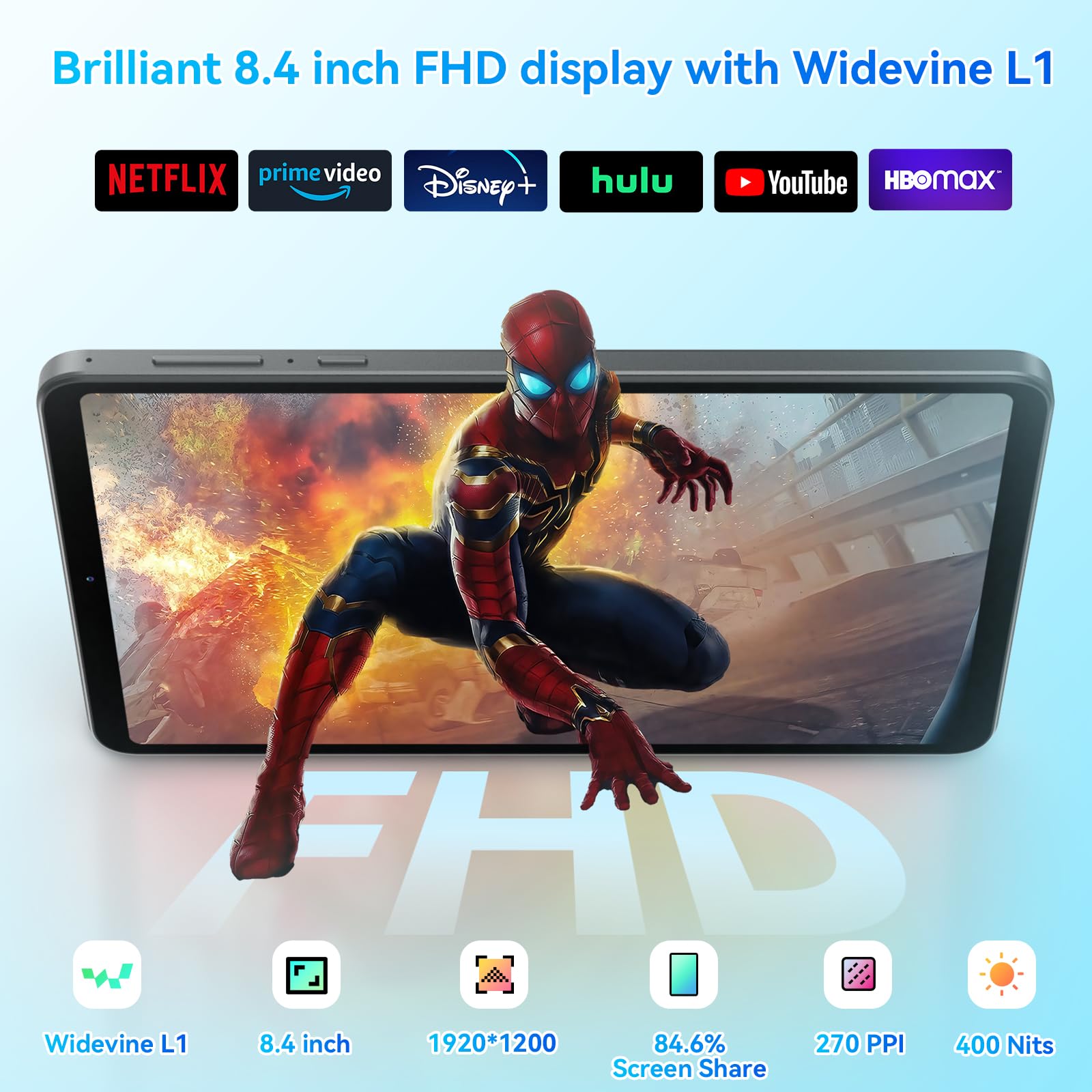 Headwolf FPad5 Android 14 Tablet 8.4 Inch - Octa Core G99 Processor, 16GB RAM 128GB ROM, 1920x1200 FHD Display, Widevine L1 for Netflix, 5500mAh Battery, 13MP+8MP Camera - Perfect for Kids Learning, Home Entertainment & Travel Use