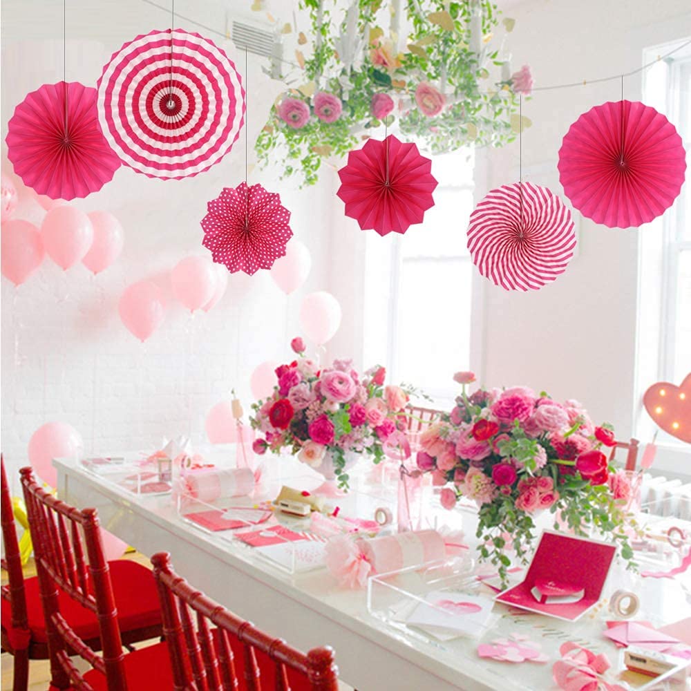 6 Pack Hot Pink Paper Fans Set - Party Decorations for Birthday, Wedding, Graduation Events - Perfect for Home, Office & Event Decor