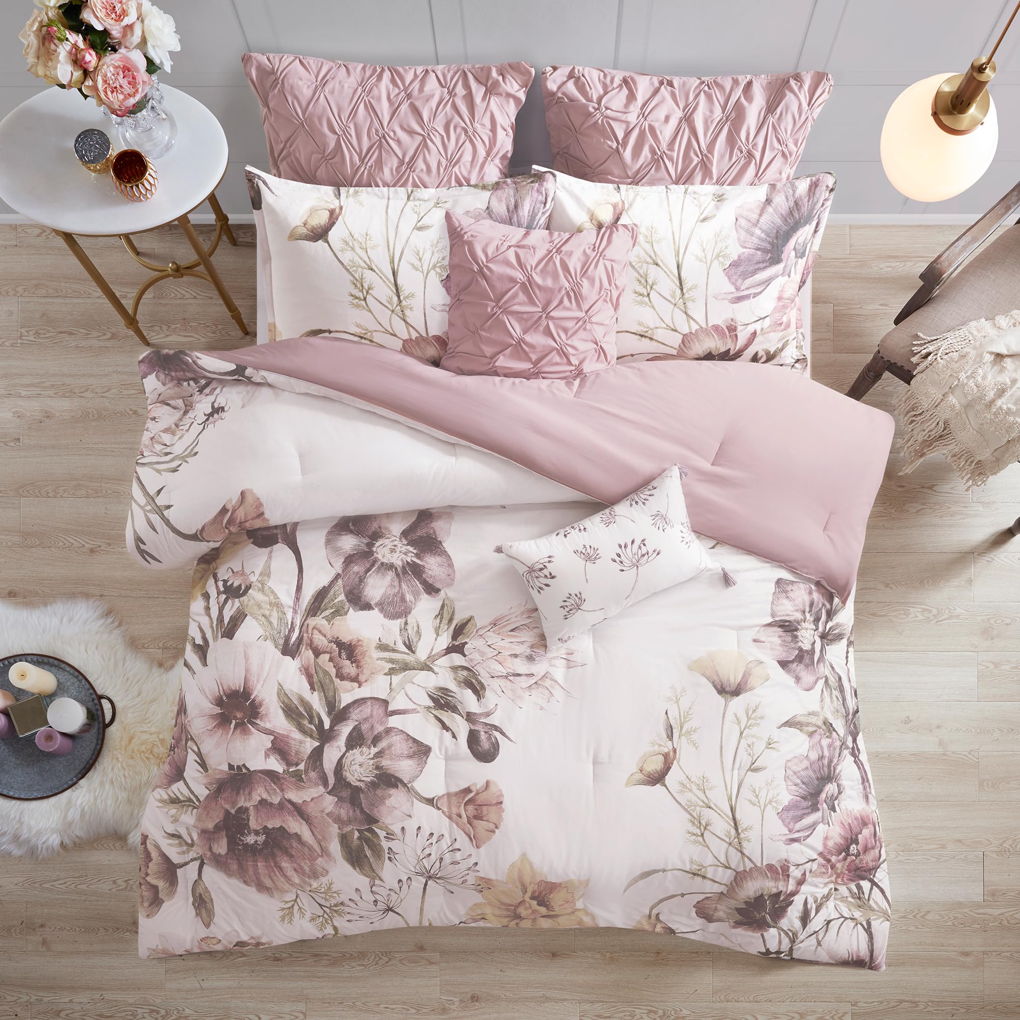 Madison Park Floral Queen Comforter Set - 8 Piece Cotton Rich Bedding Collection with Shams, Bed Skirt & Décor Pillow | Shabby Chic Feminine Design for All Seasons | Perfect for Master Bedroom, Guest Room & Cozy Home Decor
