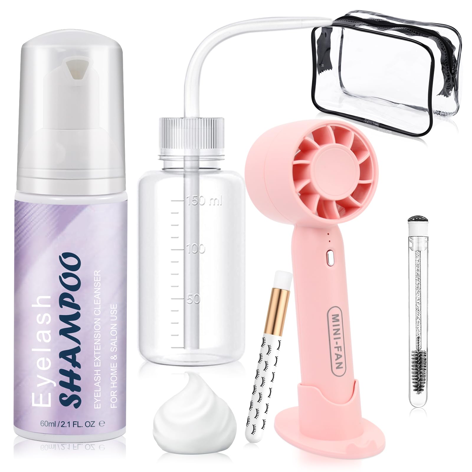 Rechargeable Lash Fan Dryer & Eyelash Extension Cleanser Kit - Oil-Free Lash Shampoo with Brush (60ml/2.02 fl oz) for Professional Salon & Home Use - Gentle Foam Wash for Lash Extensions Care & Maintenance