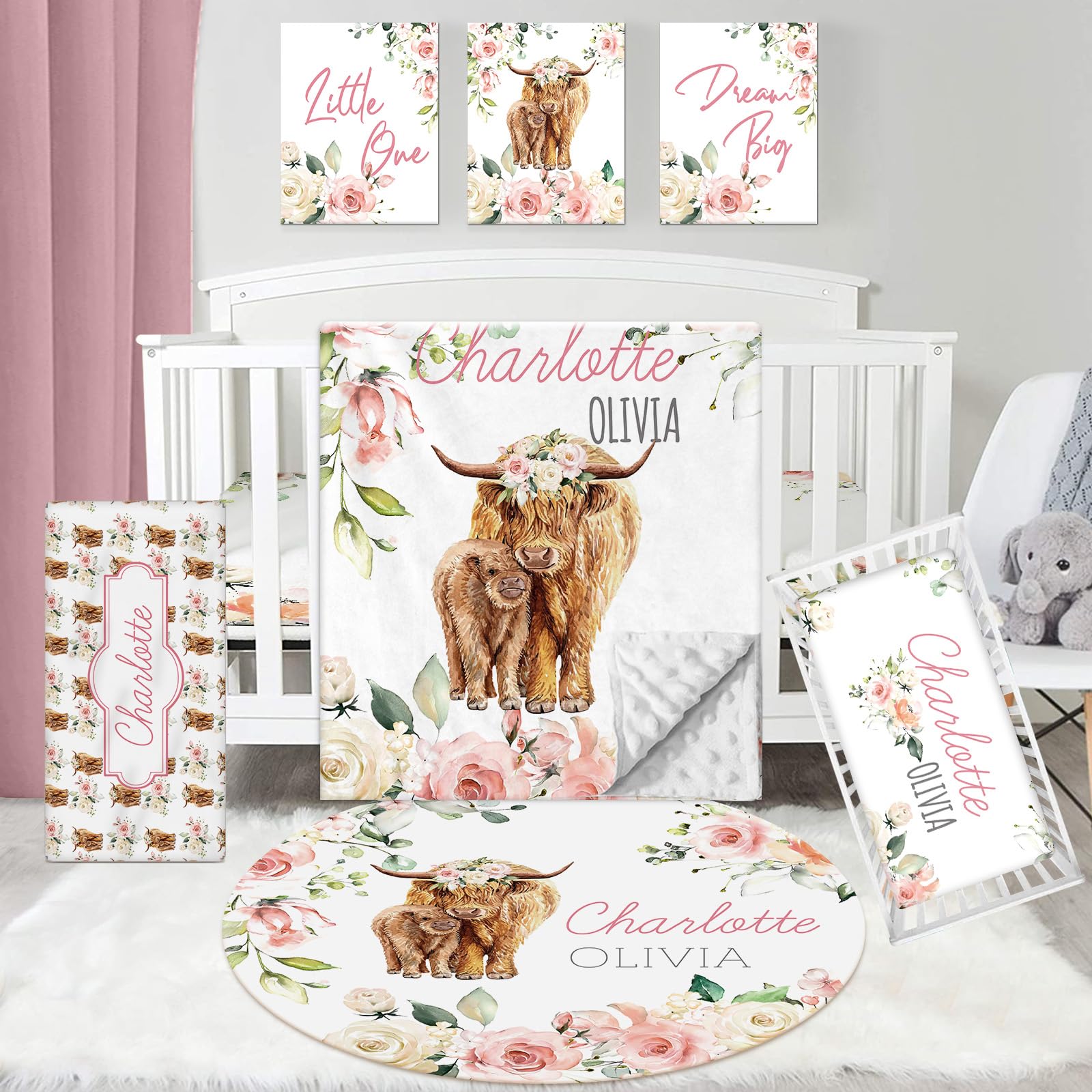 Custom Personalized Baby Crib Bedding Set - 5 Piece Rose Highland Cow Nursery Bedding with Name Embroidery | Soft Floral Crib Set for Newborn Girls & Boys | Perfect Baby Shower Gift & Nursery Decor (Standard Size)