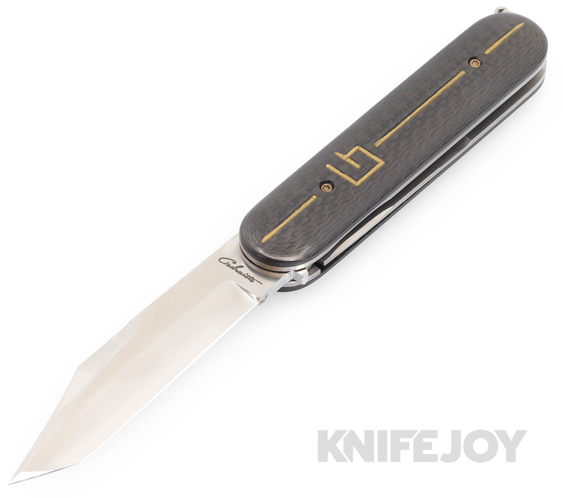 Premium Custom Switchblade Knife - Chuck Gedraitis Tanto AEB-L Steel Blade with Carbon Fiber & Gold Inlay Handle, Titanium Liners - Tactical EDC, Outdoor Survival, Camping & Collection