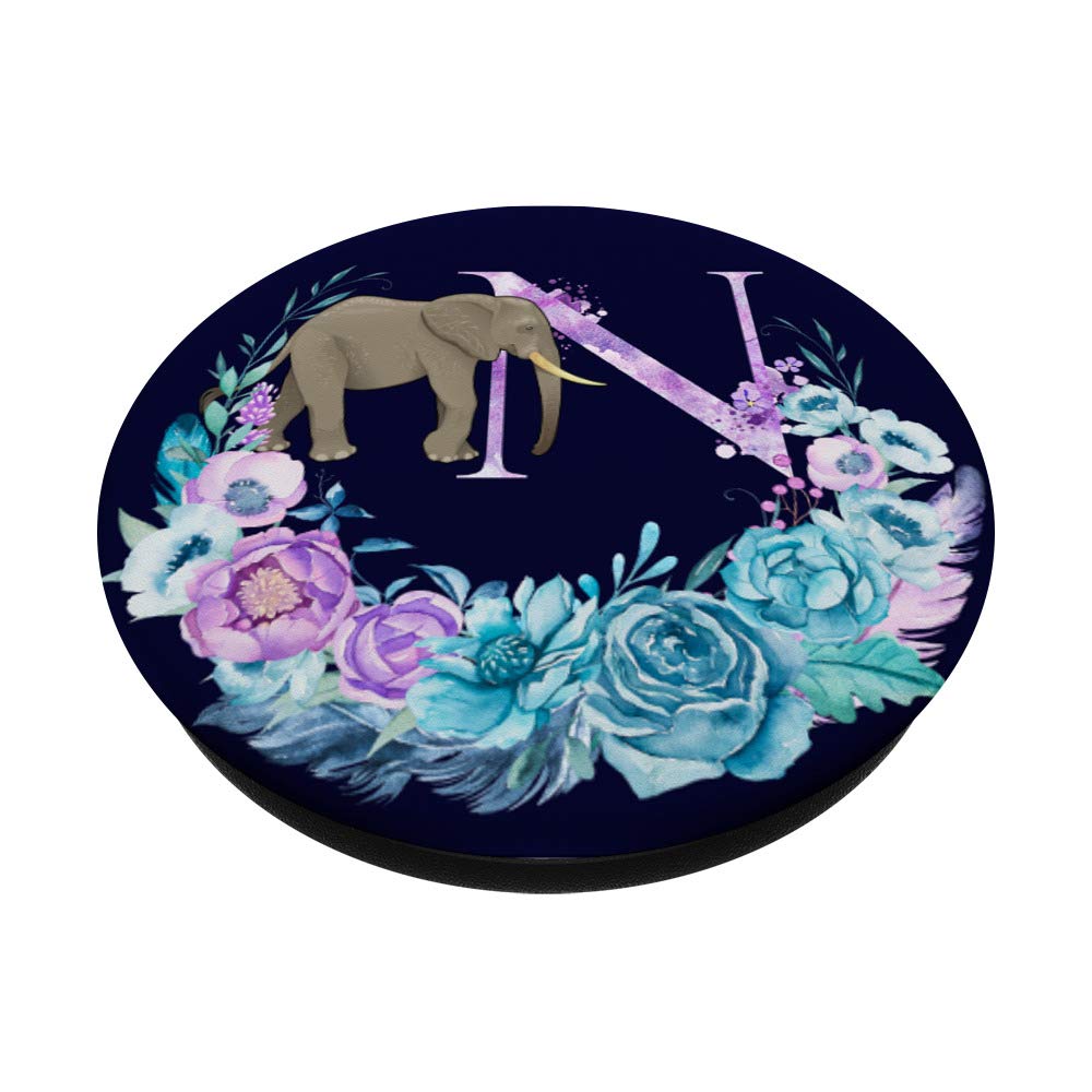 Optimistic Elephant Boho Lilac Flowers Monogram Letter N PopSockets Phone Grip & Stand for iPhone, Samsung, Tablets - Perfect for Work, Travel & Daily Use