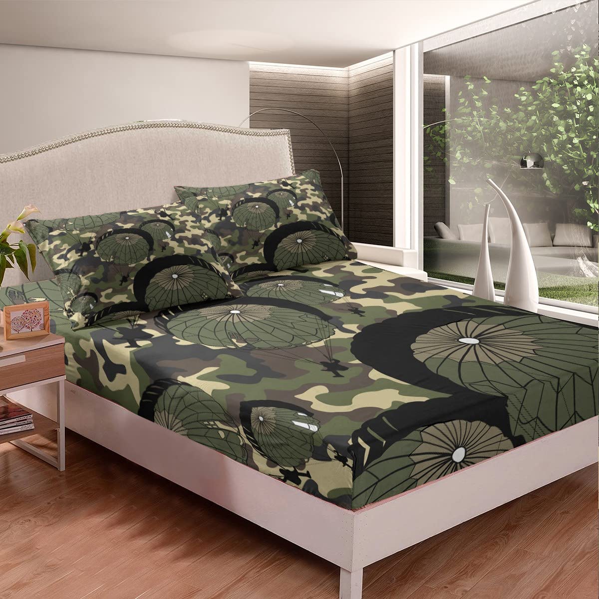 Military Camo Bed Sheets Set - Army Green & Black Parachute Style Bedding for Kids & Teens - 4Pcs Full Size Bedroom Decor - Perfect for Boys, Girls, Camping & Adventure Themed Rooms