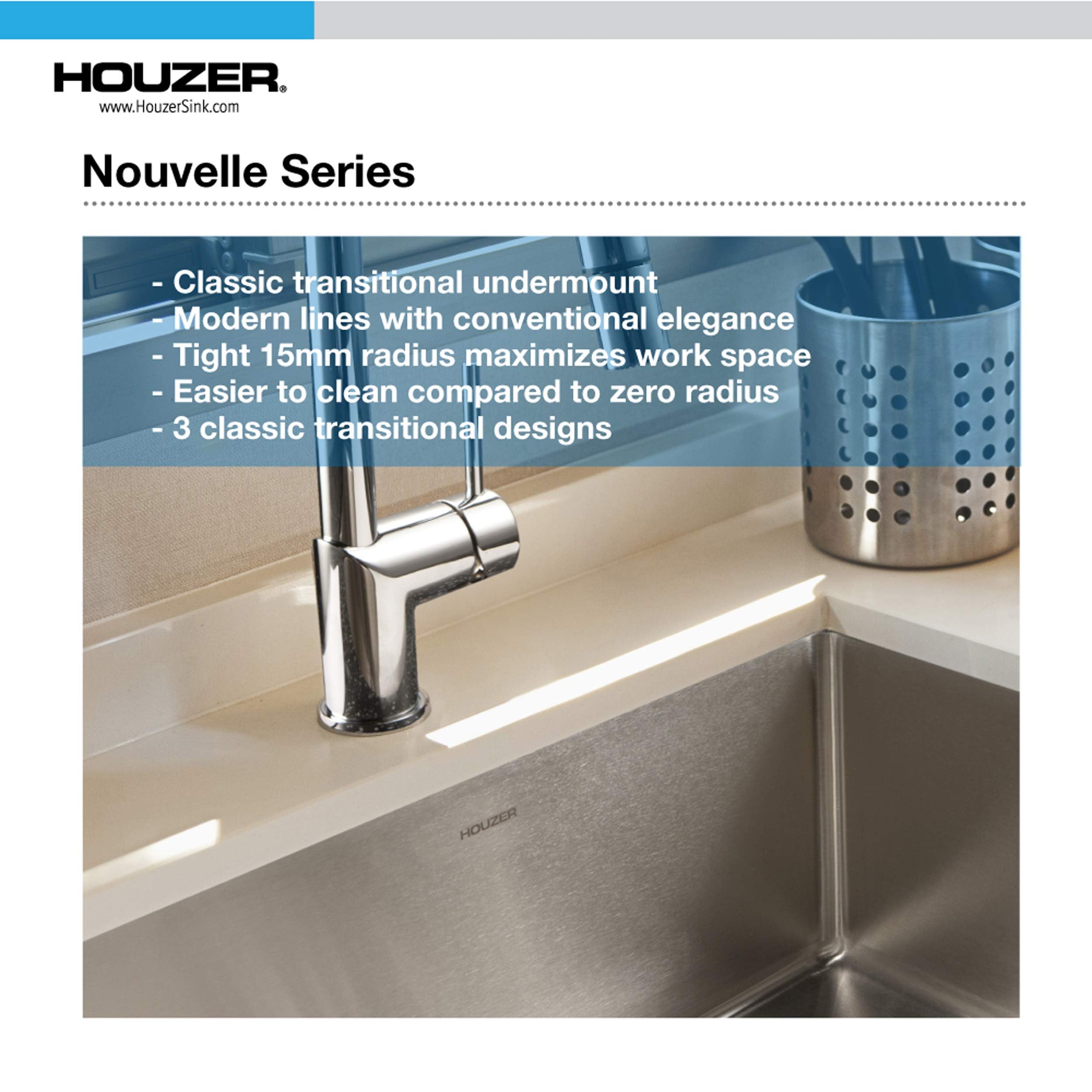 HOUZER NOS-4100-1 23-1/16 x 18 Inch Stainless Steel Kitchen Sink - Undermount Single Bowl, Commercial Grade 16 Gauge, Noise Reduction for Modern Home & Restaurant Use