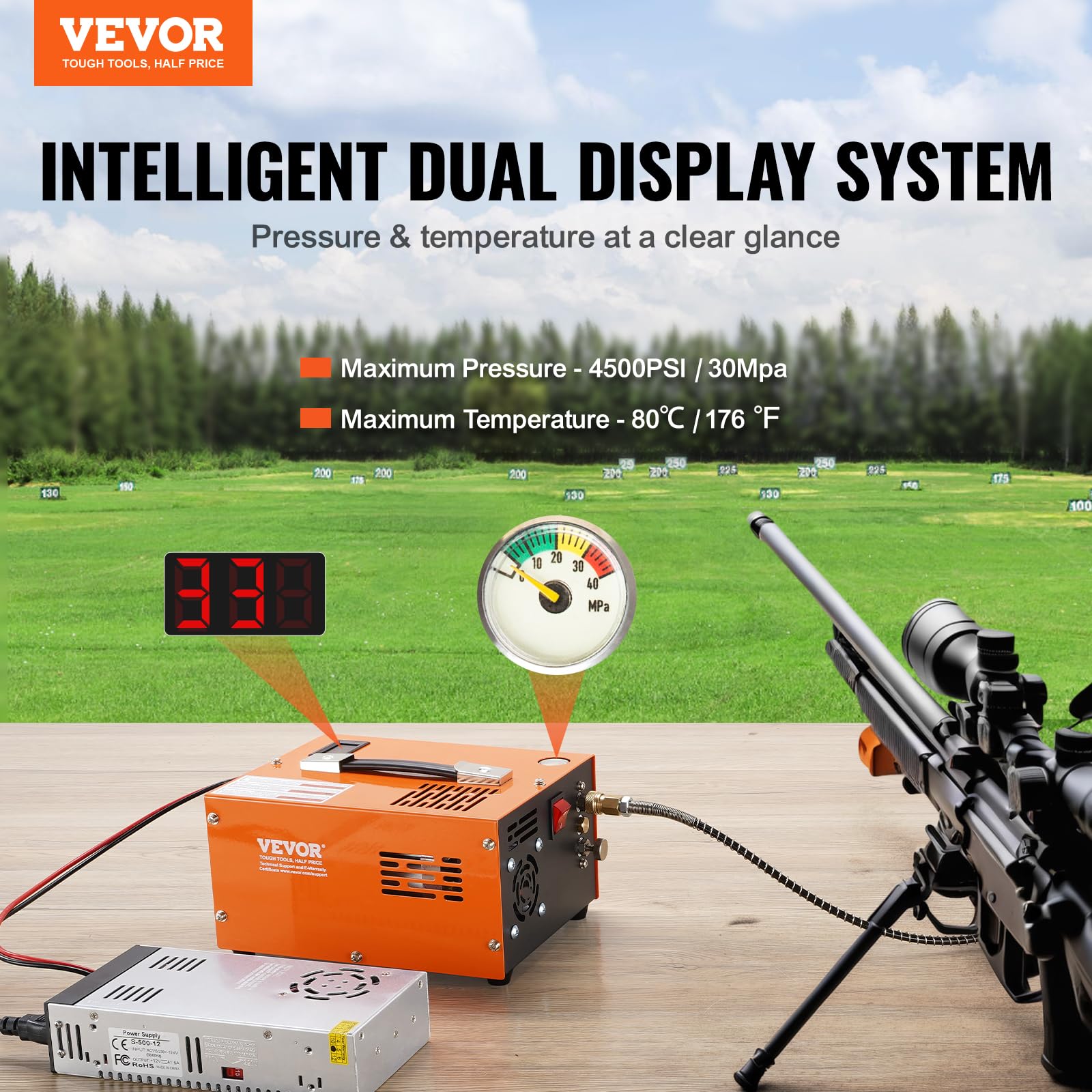 VEVOR 4500PSI PCP Air Compressor - Portable 12V DC/110V AC Air Gun Pump with Manual Stop, External Power Adapter & Built-in Cooling Fan | Perfect for Paintball, Air Rifles, Scuba Tanks & Outdoor Sports Activities