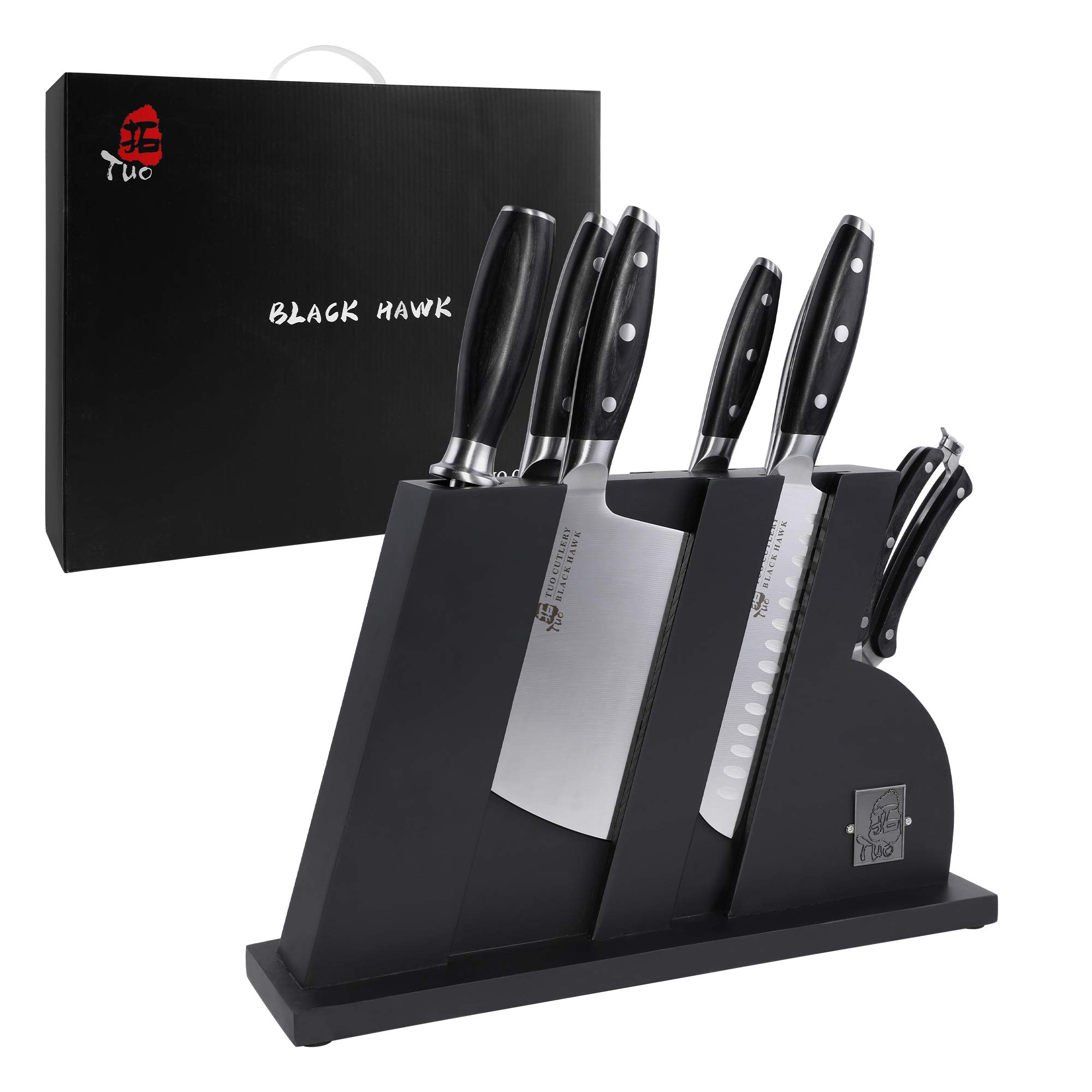 TUO Premium 8-Piece German Stainless Steel Kitchen Knife Set with Wooden Block - Includes Chef Knife, Paring Knife, Bread Knife, Steak Knives, Honing Steel & Shears - Ergonomic Pakkawood Handle Black Hawk Series (Gift Box) - Perfect for Home Chefs, Cooking Enthusiasts & Professional Kitchens