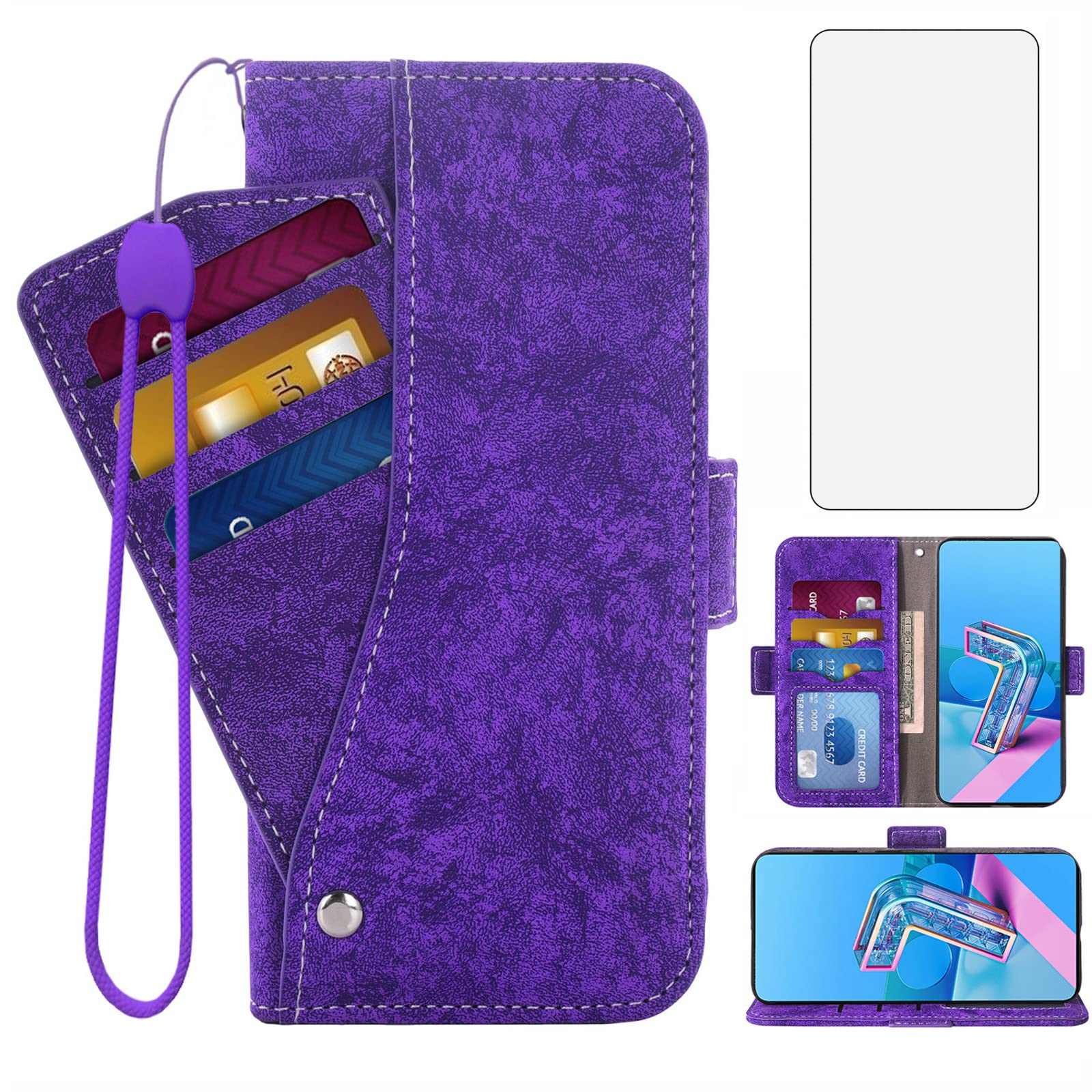 Asuwish Wallet Case for Asus ZenFone 7/7 Pro/8 Flip 5G (ZS670KS/ZS671KS/ZS672KS) with Tempered Glass Screen Protector, Card Holder & Kickstand - Purple Phone Cover for Men & Women | Perfect for Daily Use, Travel, and Hands-Free Viewing
