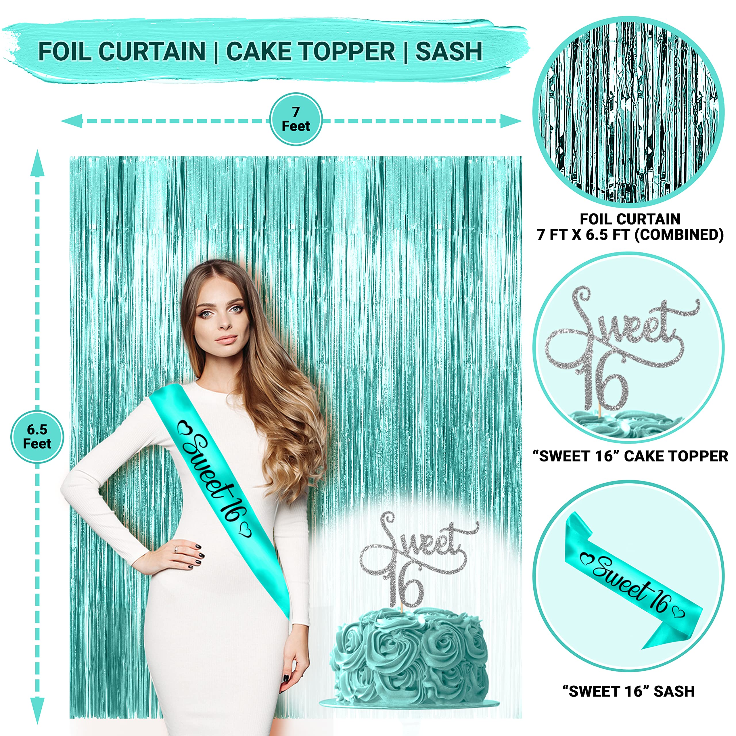 Sweet 16 Party Decorations Kit - 70PCS Teal Green & White Birthday Supplies for Girls (Sash, Balloon Numbers, Cake Topper, Banners, Photo Booth Props) - Perfect for Sweet 16 Celebrations, Birthday Parties & Photo Shoots