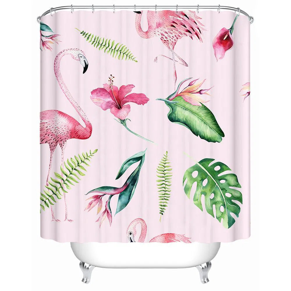 Flamingo and Hibiscus Shower Curtain - Waterproof Bathroom Decor for Tropical Beach Theme - Perfect for Bathroom, Poolside Changing Room & Coastal Home Decor
