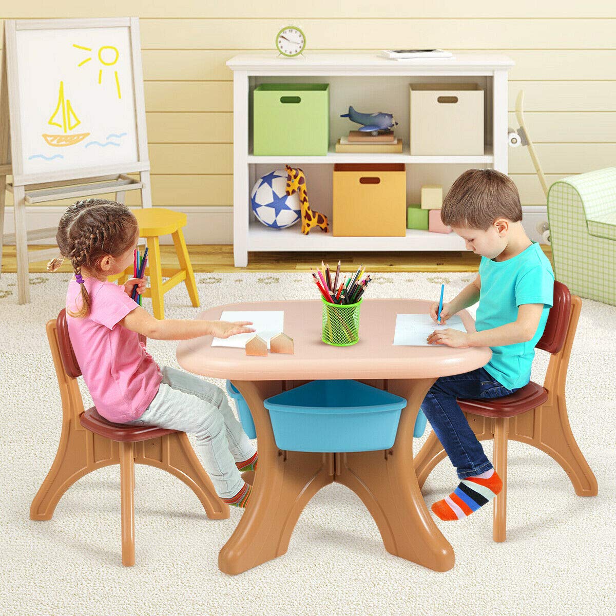 Kids Study Table and Chair Set with 4 Storage Drawers - Durable PP Frame Activity Desk for Arts & Crafts, Learning, Snack Time - Perfect for Toddler Bedroom, Nursery School & Living Room Play Area
