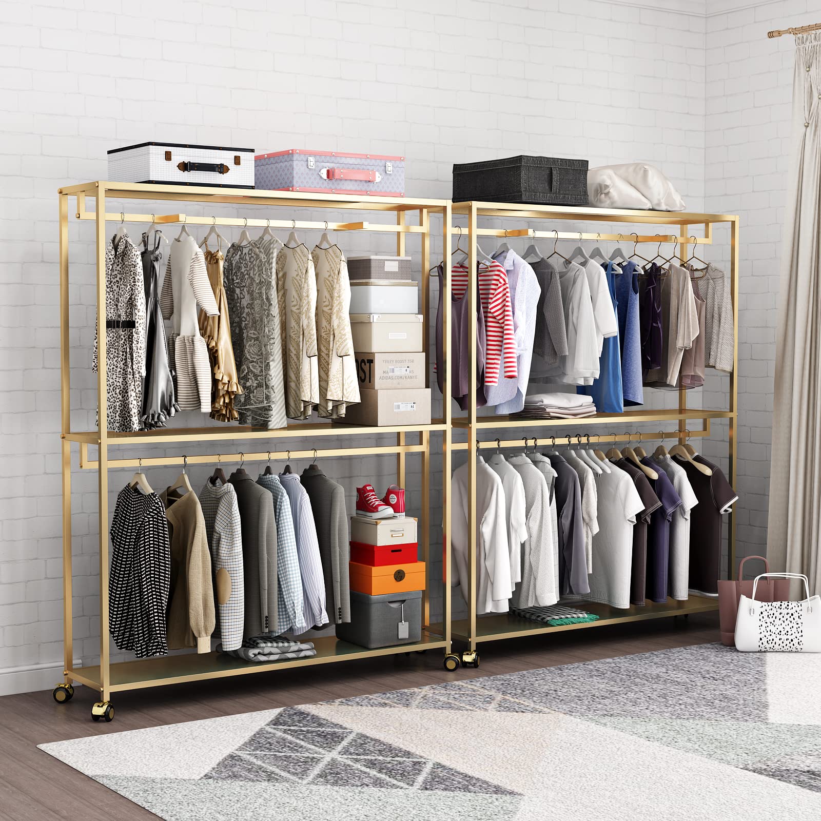 Gold Clothes Rack with Shelves - Heavy Duty Free-Standing Garment Rack for Hanging Clothes, Large Wardrobe Organizer for Boutiques & Home Use - Perfect for Bedroom, Closet, or Retail Store Display