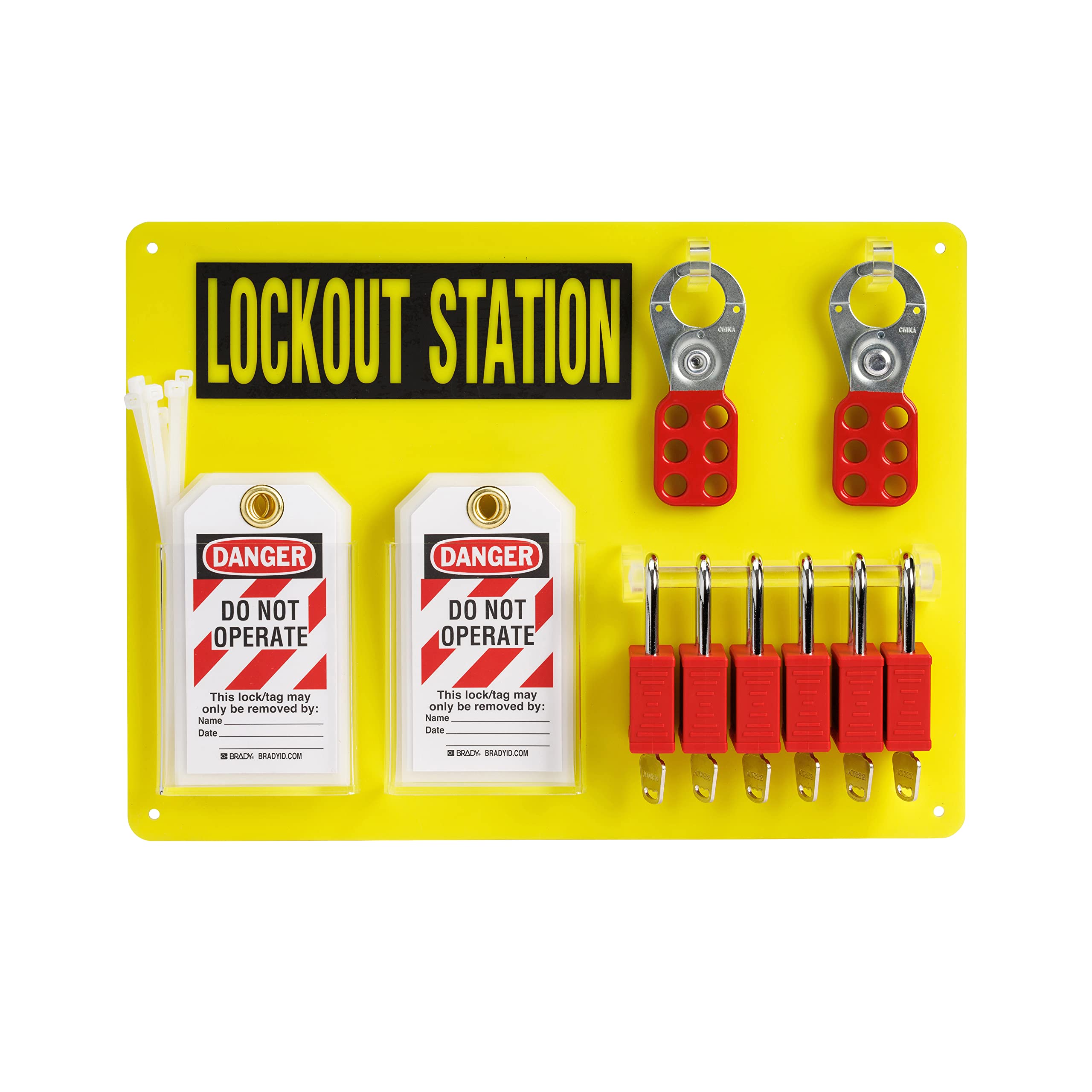 Brady Lockout Tagout Station with LOTO Devices - 6 Keyed Different Safety Lock Set, Padlock Hasps & 10 Do Not Operate Tags for Workplace Safety | OSHA Compliance Kit for Electrical Equipment Maintenance & Industrial Machine Repair