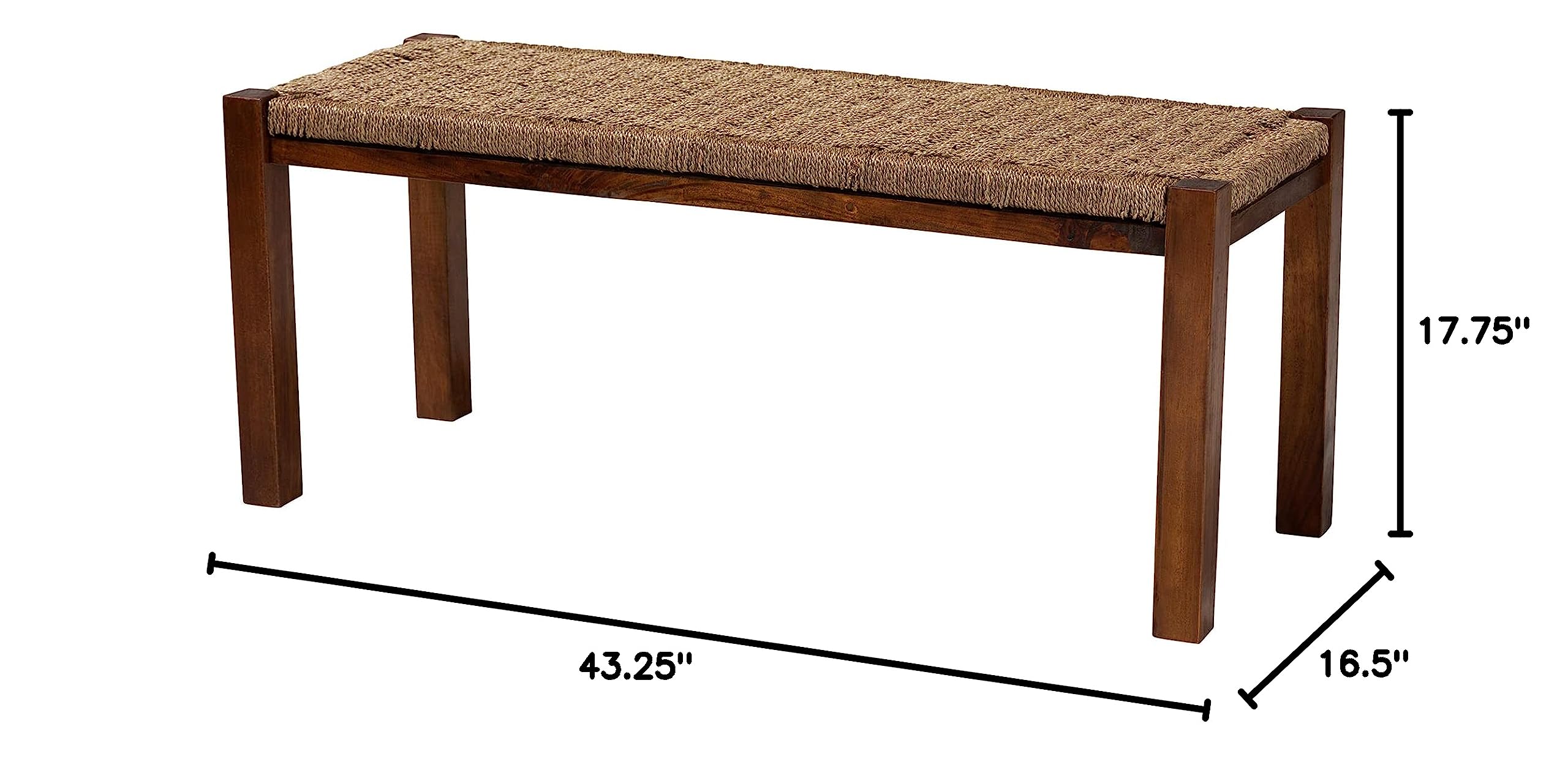 Bali & Pari Hermes Woven Seagrass Accent Bench - Natural Walnut Brown - Handwoven Rattan Stool for Living Room, Bedroom, or Patio Decor
