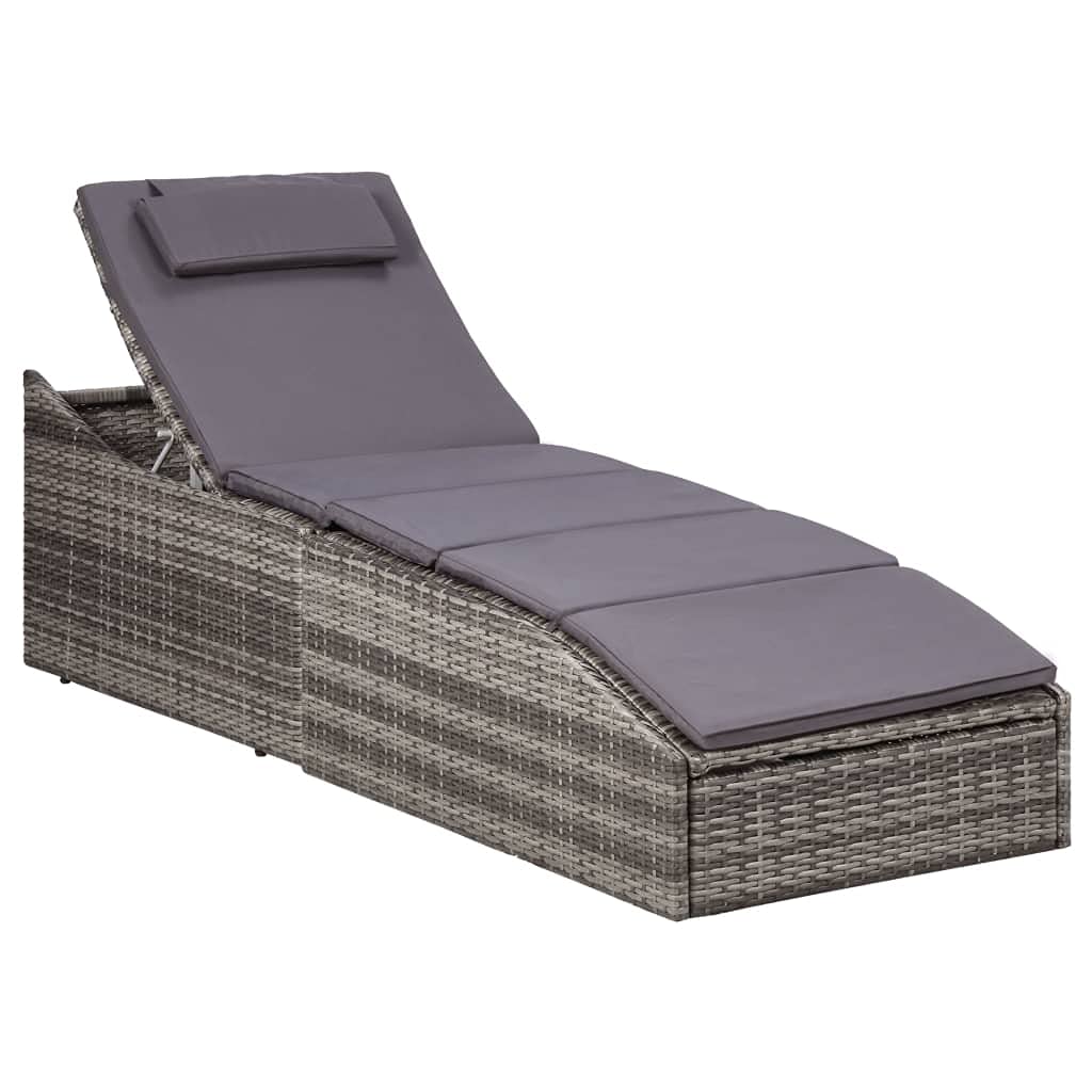 **Gray Poly Rattan Sunbed with Cushion – Outdoor Lounge Chair for Lawn, Courtyard, Beach & Sunbathing – Perfect for Relaxing by the Pool or Garden**