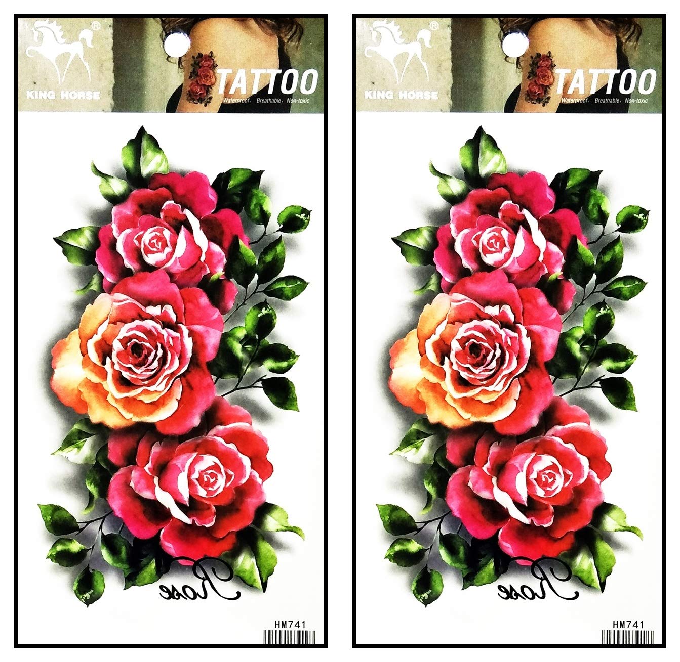 Romantic Rose Temporary Tattoos - 2 Sheets of Waterproof Fake Body Art Stickers for Men & Women | Perfect for Parties, Weddings, Valentine's Day Gifts & Body Decoration