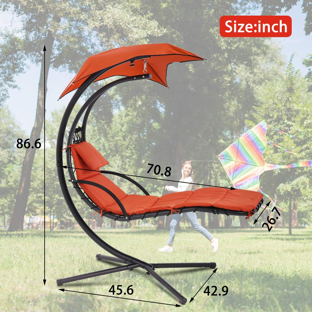 Dkelincs Hanging Egg Chair - Outdoor Swing Chair with Canopy Umbrella & Cushion, Heavy Duty Curved Chaise Lounge for Porch, Patio, Backyard - Perfect for Relaxing, Sunbathing & Reading in Your Garden