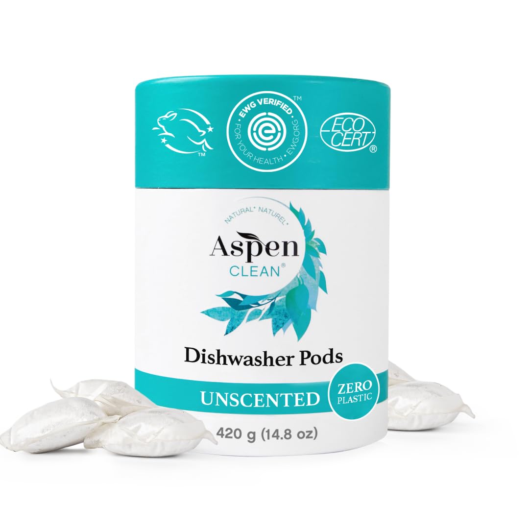 AspenClean Unscented Dishwasher Pods - Dye-Free, Plastic-Free, EWG Verified™, Vegan & Eco-Friendly Natural Dishwasher Detergent (28 Count) - Perfect for Sensitive Skin & Sustainable Kitchens