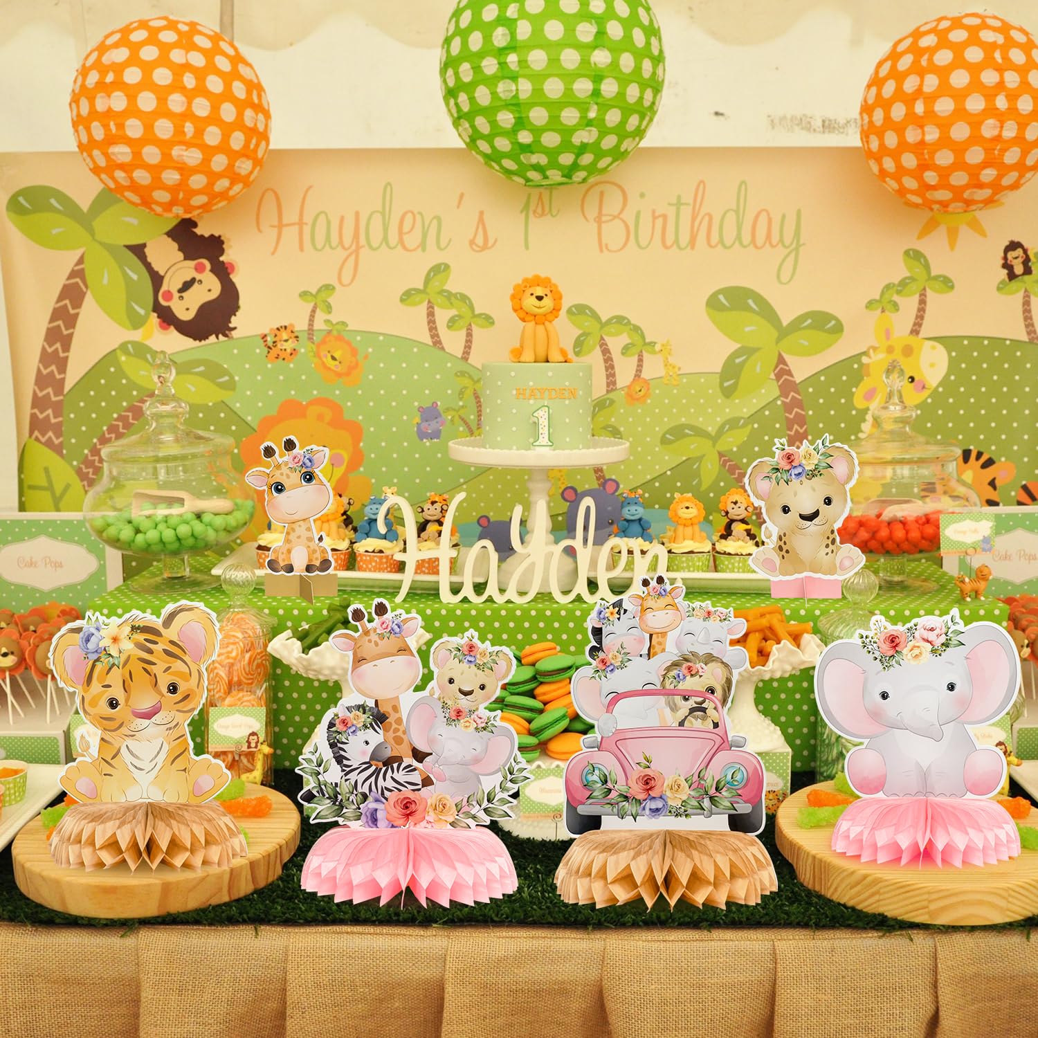 12Pcs Floral Safari Animal Honeycomb Centerpieces - Pink Jungle Baby Shower Decorations, Wild Animal Theme Party Table Toppers for Girls' Wild One Birthday - Perfect for Baby Showers, Birthday Parties & Photo Props
