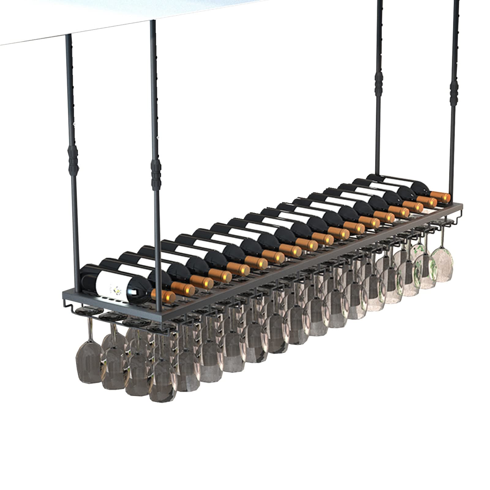 SKOAJAS Ceiling Hanging Wine Rack - Space-Saving Storage for Wine Bottles & Glass Goblets | Under Cabinet Kitchen & Bar Organizer | Decorative Display Shelf for Home, Restaurant & Wine Cellar (100cm Size)