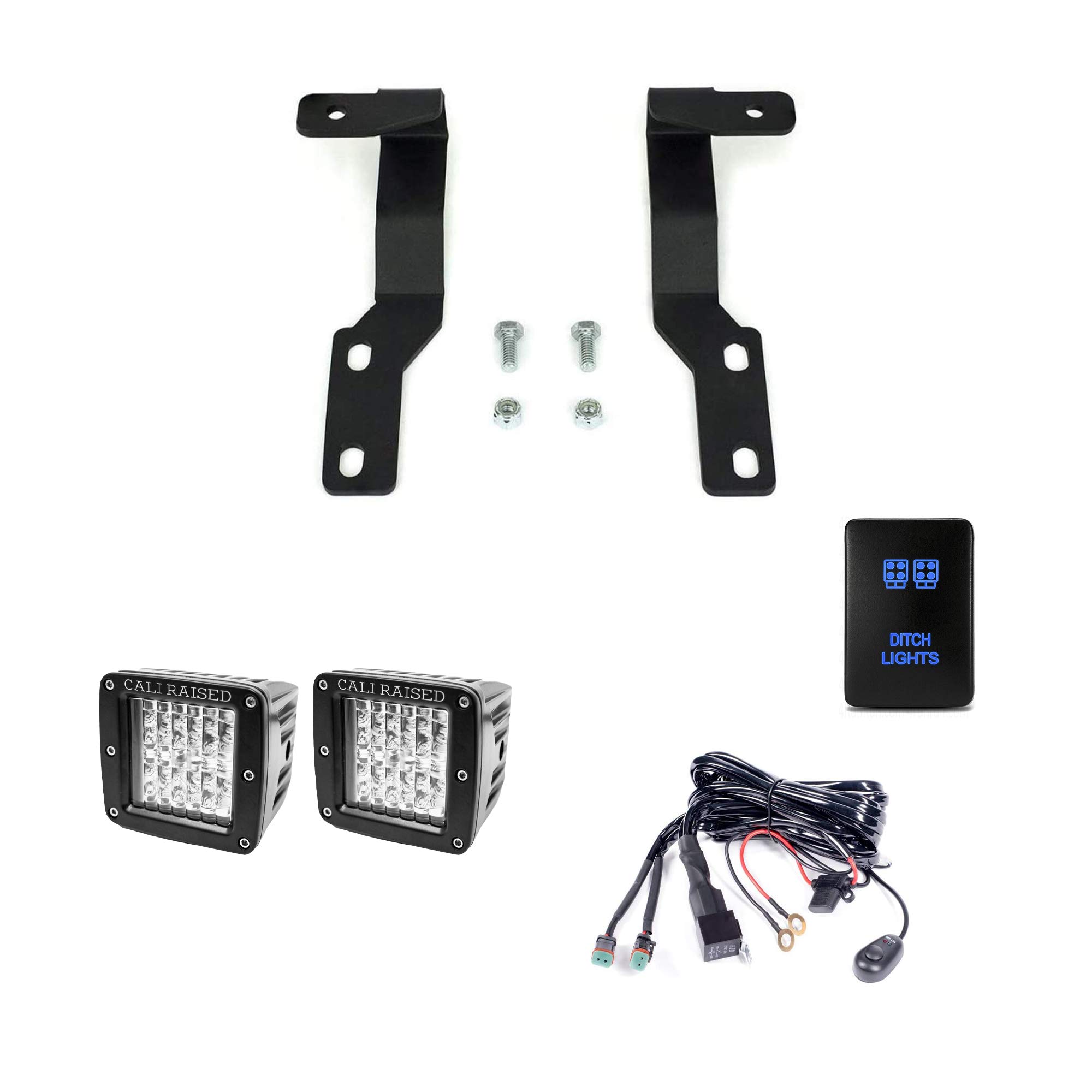 Cali Raised LED Low Profile Ditch Light Brackets Kit for 2005-2015 Toyota Tacoma - 3x2 18W LED Pods with Wiring Harness & Blue Backlight Switch - Perfect for Off-Roading, Night Driving & Adventure Lighting