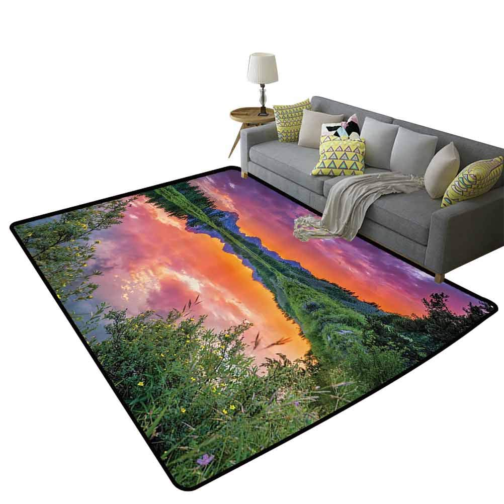 Wyoming Mountain Sunset Rug - 6'x7' (180x210cm) Multifunctional Non-Slip Area Rug with Vibrant Orange & Blue River Reflection Design - Perfect for Living Room, Bedroom Decor & Nature Lover Gifts