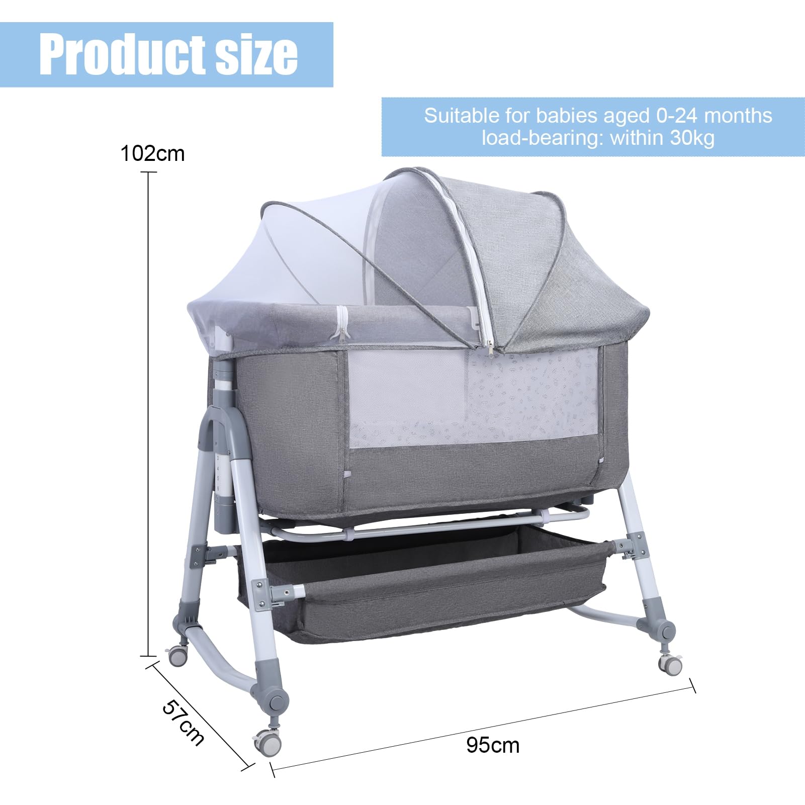 3-in-1 Adjustable Baby Bedside Crib with Mosquito Net - Convertible Bassinet, Large Curvature Cradle & Height-Adjustable Design for Newborns - Perfect for Co-Sleeping, Nursery & Bedroom Safety (Grey)