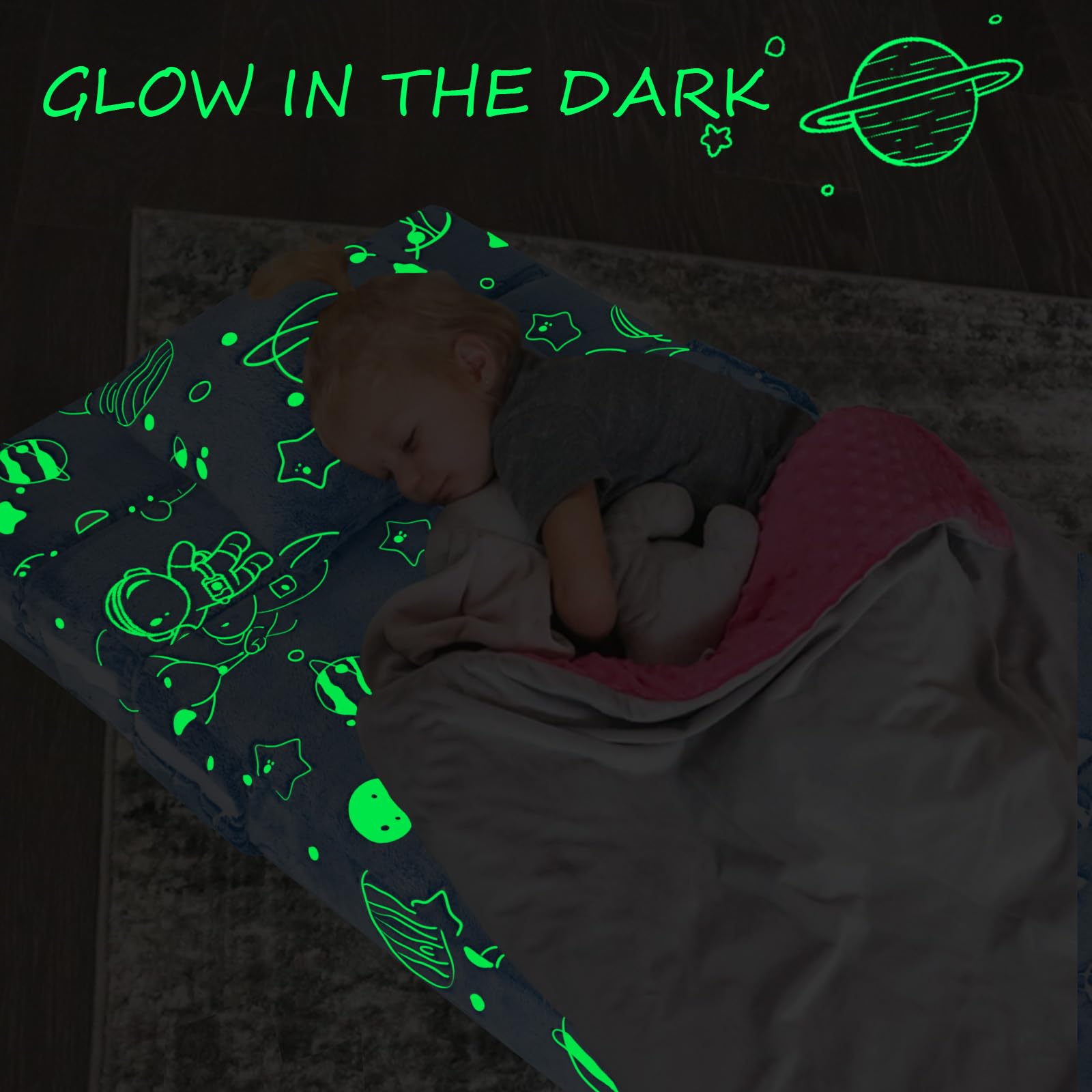 MeMoreCool Glow in the Dark Space-Themed Kids Sofa Bed - Tri-Fold Convertible Futon Chair & Floor Couch with Planets & Stars - Perfect for Playroom, Bedroom & Sleepovers