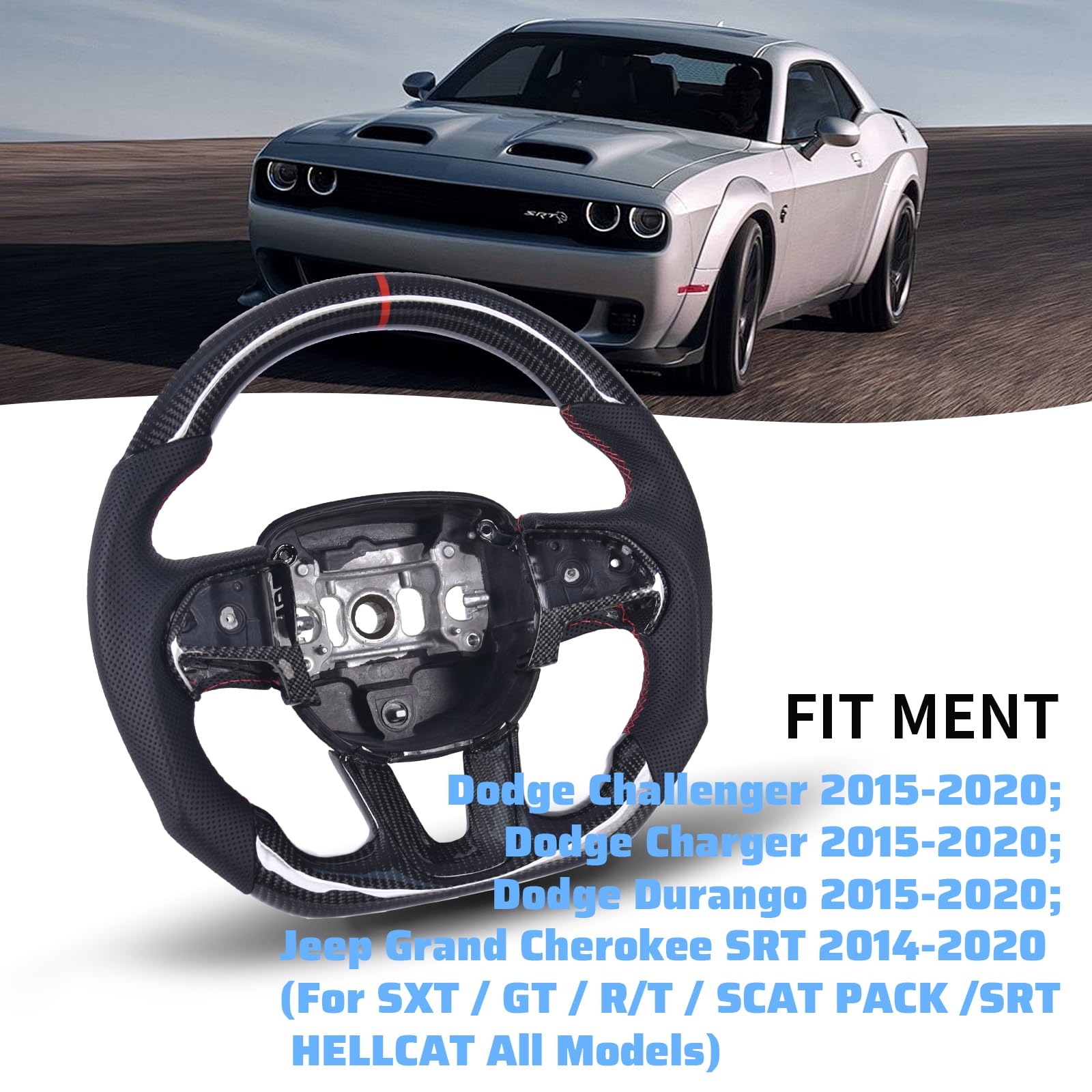 Premium Carbon Fiber Steering Wheel for Dodge Charger, Challenger, Durango, Jeep Grand Cherokee (2015-2020) - D-Shaped Flat Bottom Design with Perforated Leather Grip & Replacement Trim | Perfect for Racing, Performance Upgrades & Custom Car Interiors