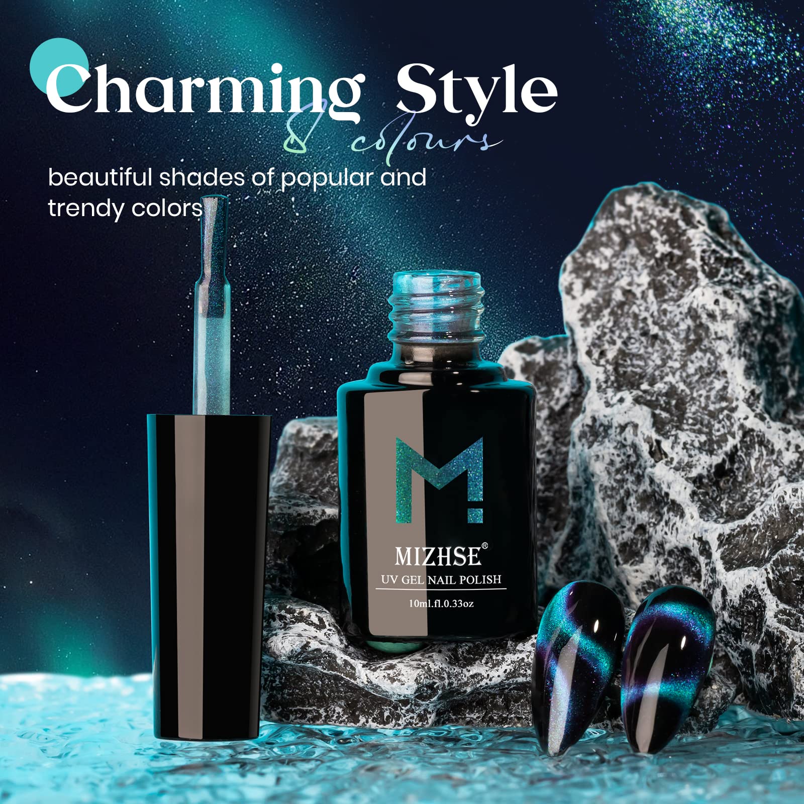 MIZHSE 9D Cat Eye Gel Nail Polish 10ml - Holographic Galaxy Magnetic Nail Polish with Chameleon Effect (Cyan Blue) - Long Lasting UV/LED Gel for Salon & Home Manicure - Perfect for Parties, Weddings & Special Occasions