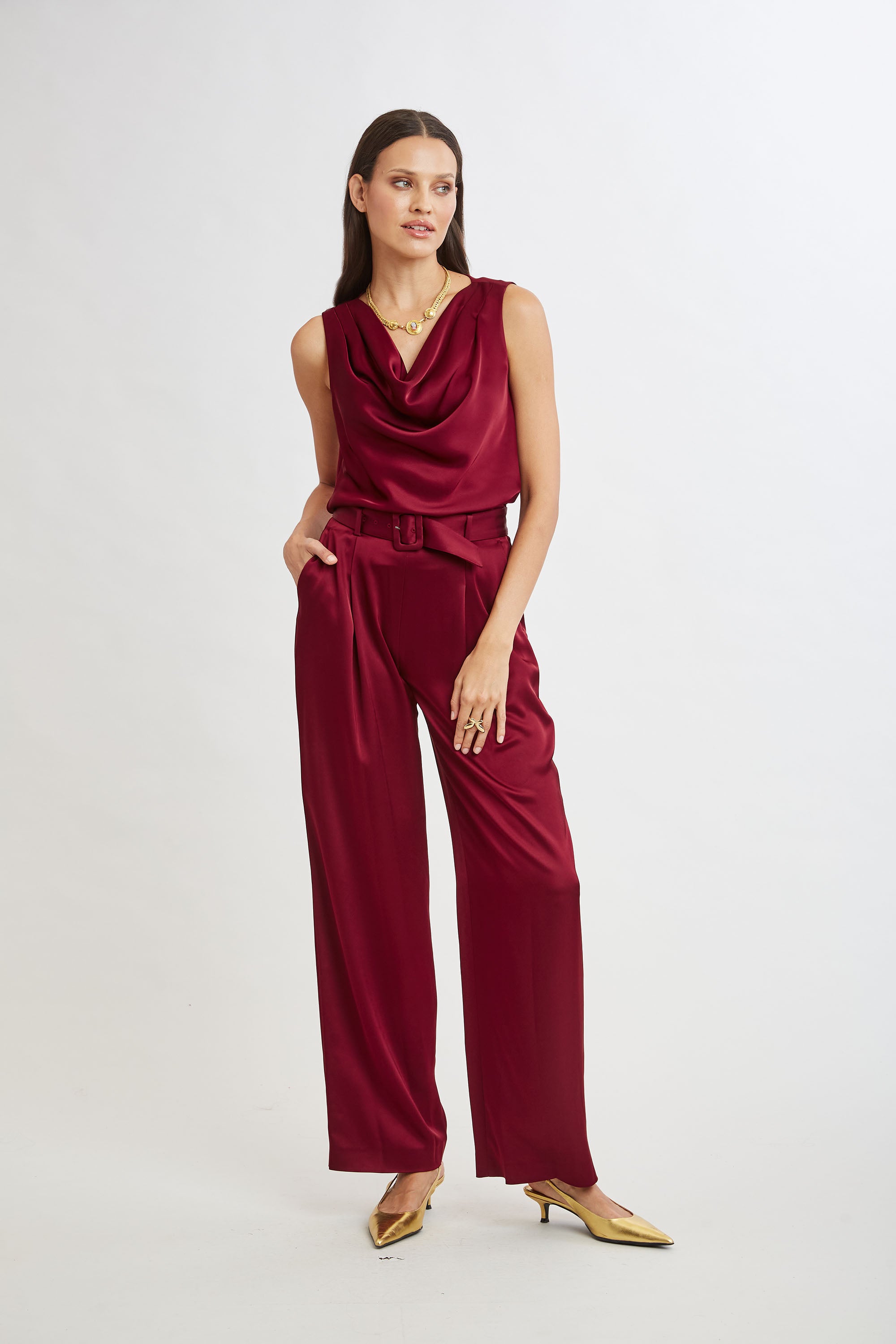Satin Cowl Neck Blouse for Women - Elegant Long Sleeve Tops in Sangria Red | Perfect for Office Wear, Date Night & Special Occasions