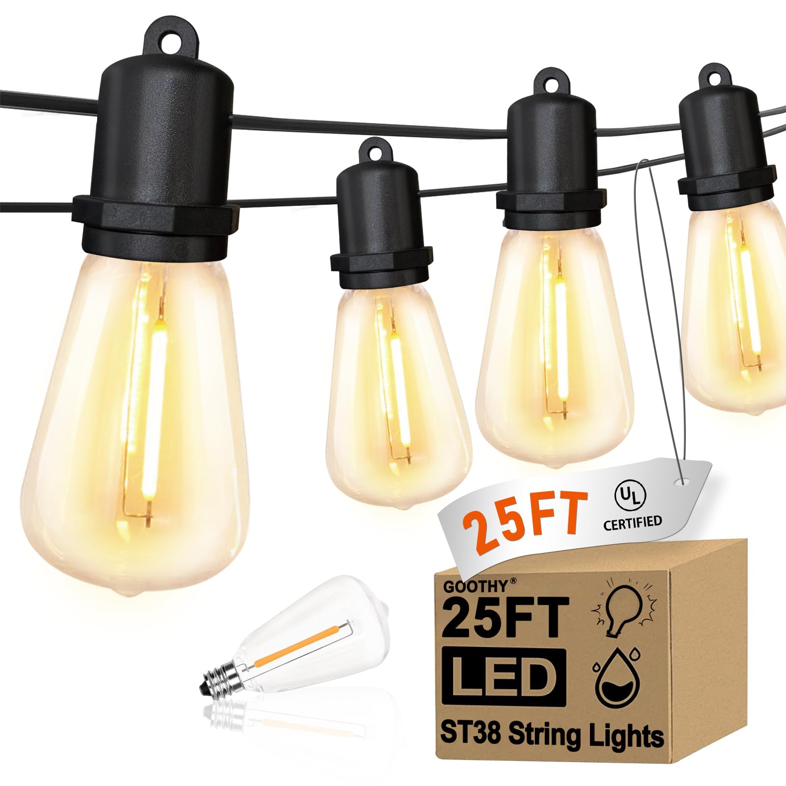 25Ft LED Outdoor String Lights with 13 Shatterproof Edison Bulbs (1 Spare Included) - Waterproof Commercial Grade Patio Lights for Porch, Deck, Backyard, Garden - Perfect for Weddings, Parties & Outdoor Decorations