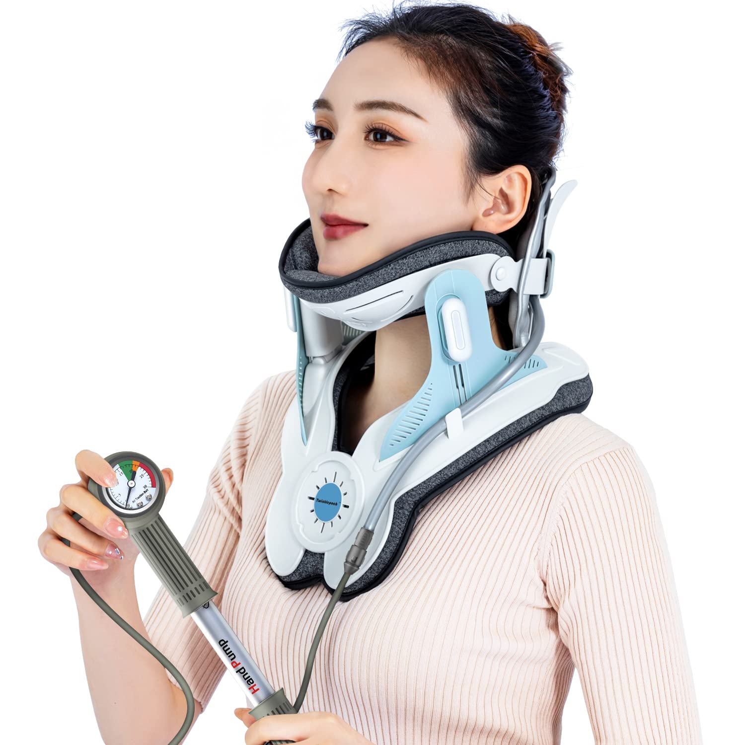 Adjustable Cervical Neck Traction Device for Pain Relief - 3 Power Levels & 8 Airbag Support - Ergonomic Home Neck Stretcher (Blue) - Perfect for Office Workers, Gamers and Neck Pain Sufferers