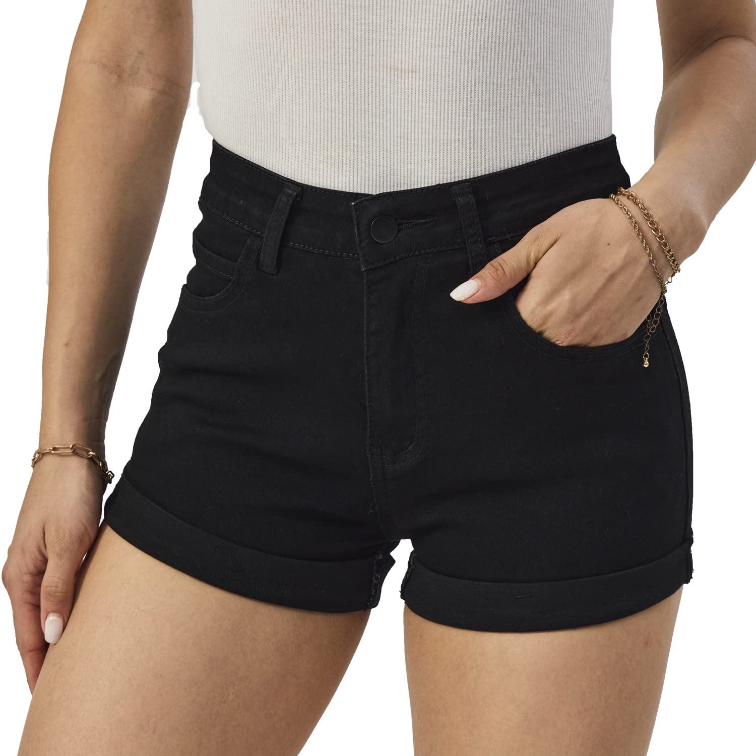 Women's High Waisted Stretch Denim Shorts with Folded Hem - Comfortable Casual Jean Shorts for Summer Outfits, Beach Vacations & Weekend Wear