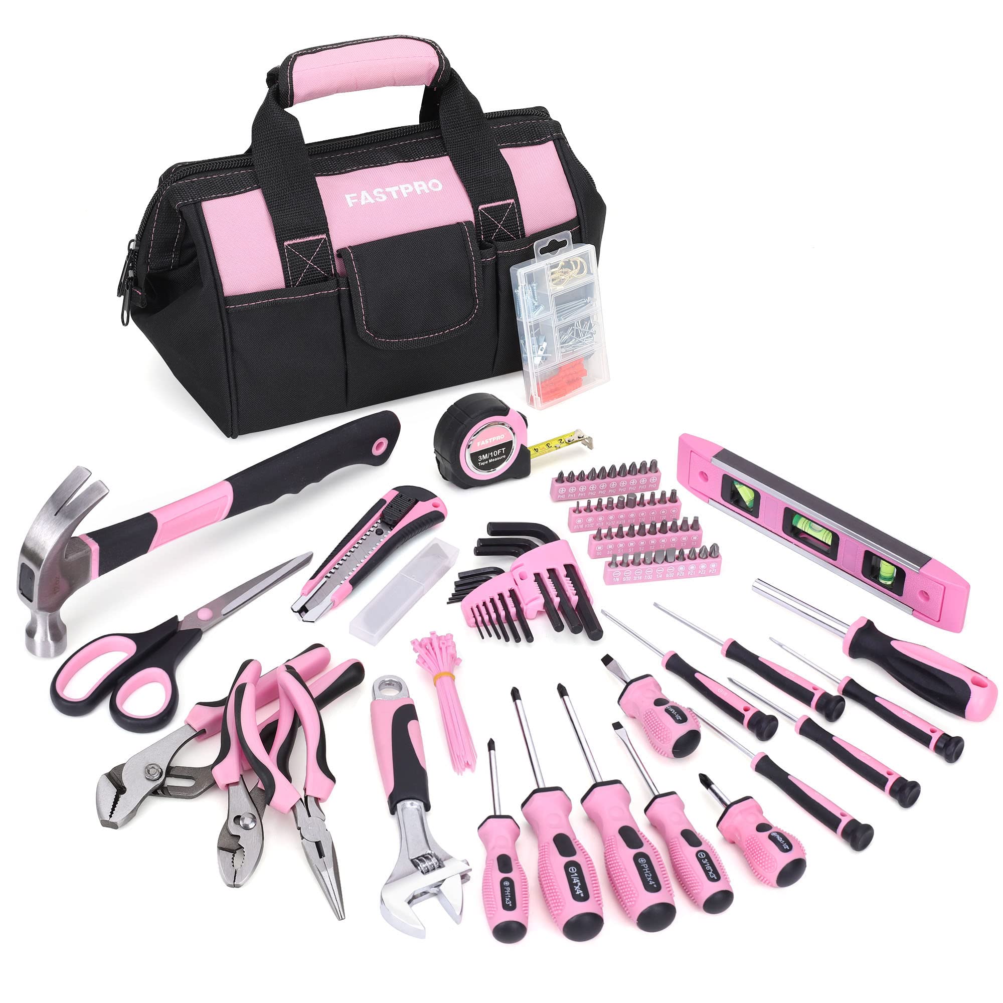 FASTPRO 220-Piece Pink Home Repair Tool Kit for Women - 12-Inch Wide Mouth Storage Tool Bag with Essential Hand Tools | Perfect for DIY Projects, Household Repairs & Crafting