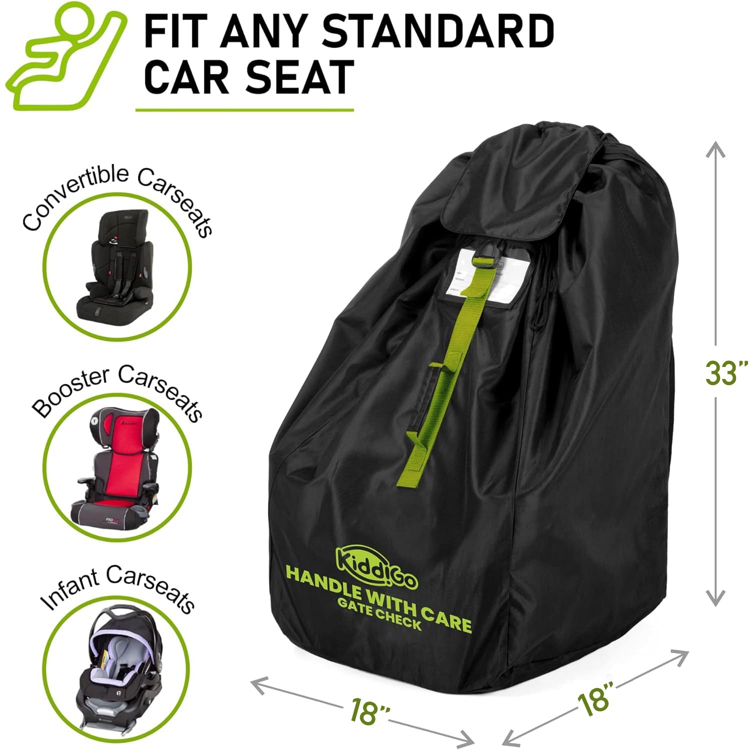 KiddiGo Universal Car Seat Travel Bag for Airplanes - Black & Green, 33”H x 18”W x 18”D - Fits Most Convertible, Booster & Infant Car Seats - Gate Check Approved Protective Cover with Easy Carry Handle | Perfect for Family Travel, Airplane Trips & Road Trips