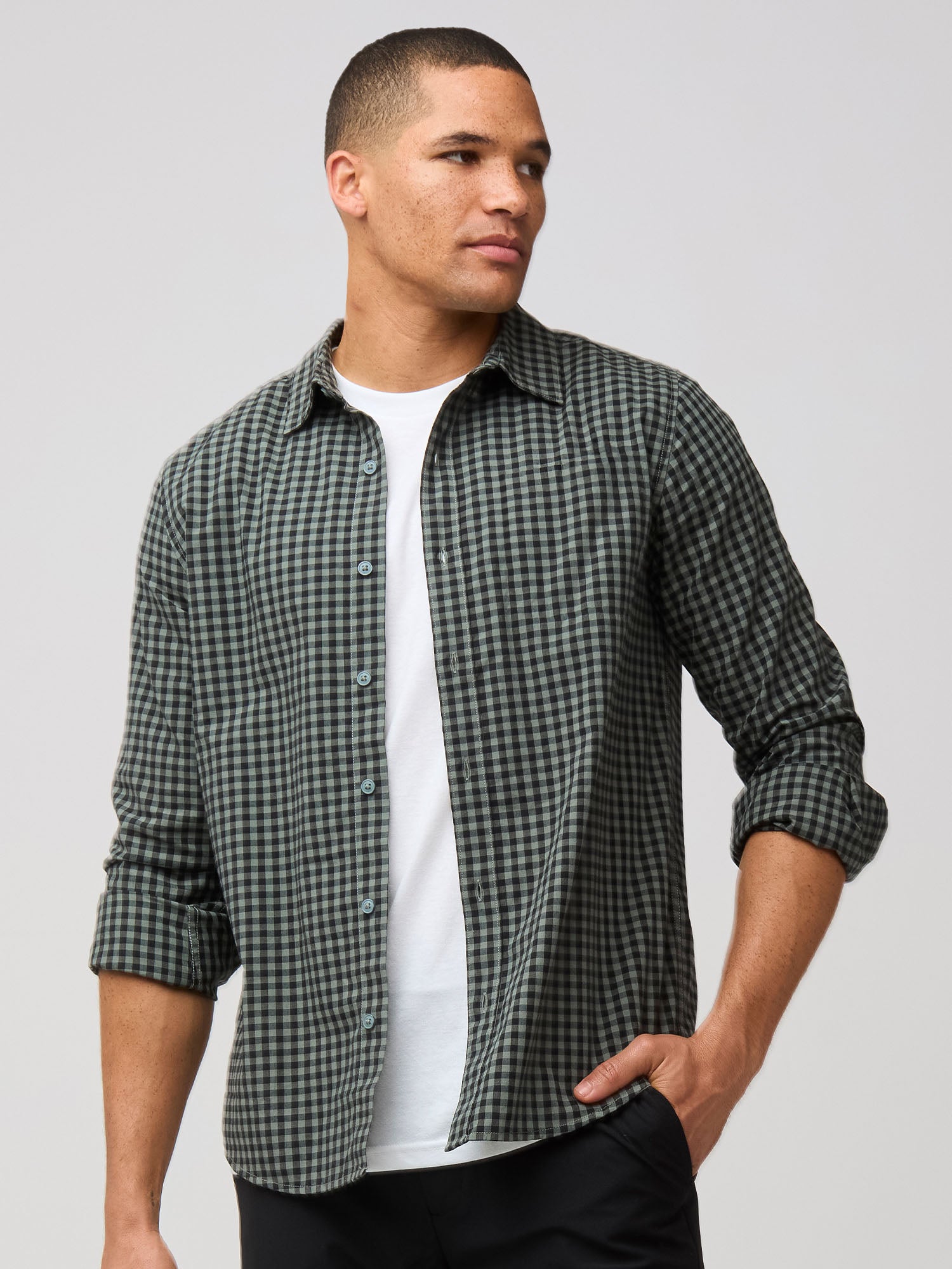 Black and Mercury Green Gingham Long Sleeve Button-Up Shirt for Men - Casual Office Wear & Outdoor Activities