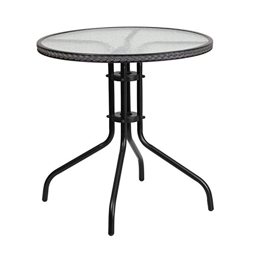 BOWERY HILL 29 Inch Round Glass Top Outdoor Patio Dining Table - Black Gray Finish - Perfect for Backyard, Garden, Poolside & Balcony Dining