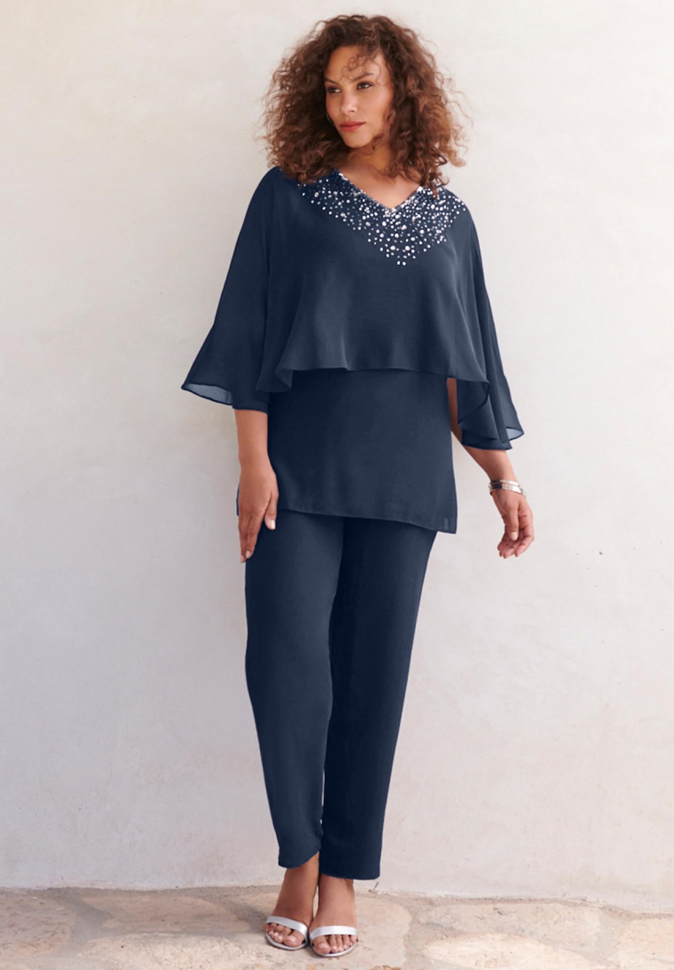 Romantic Women's Plus Size Embellished Capelet Pant Set - Elegant Evening Wear for Weddings, Parties & Special Occasions