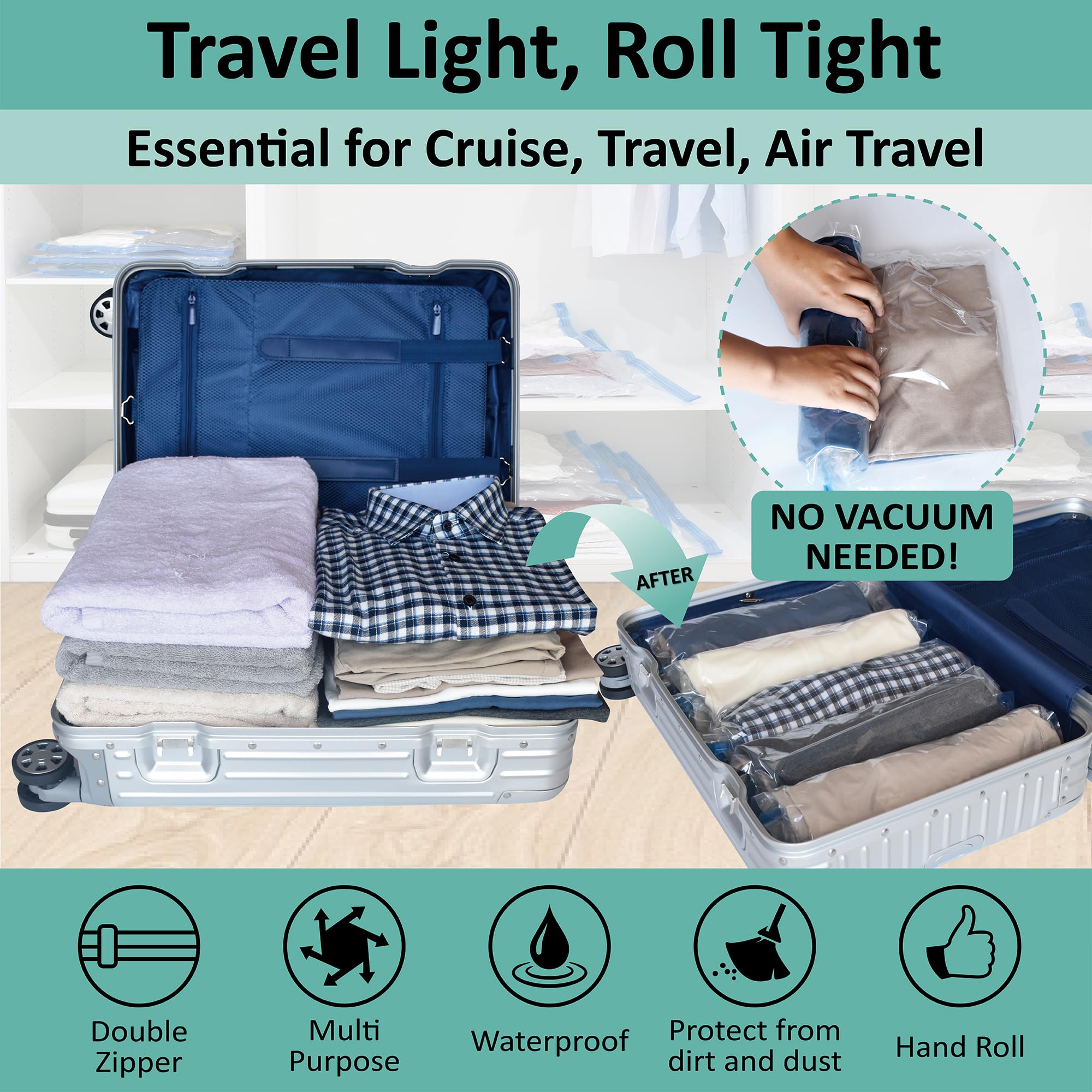 16 Pack Space Saver Compression Bags for Travel - No Vacuum Needed - Cruise Accessories & Packing Essentials | Perfect for Organizing Luggage, Clothes Storage & Maximizing Suitcase Space